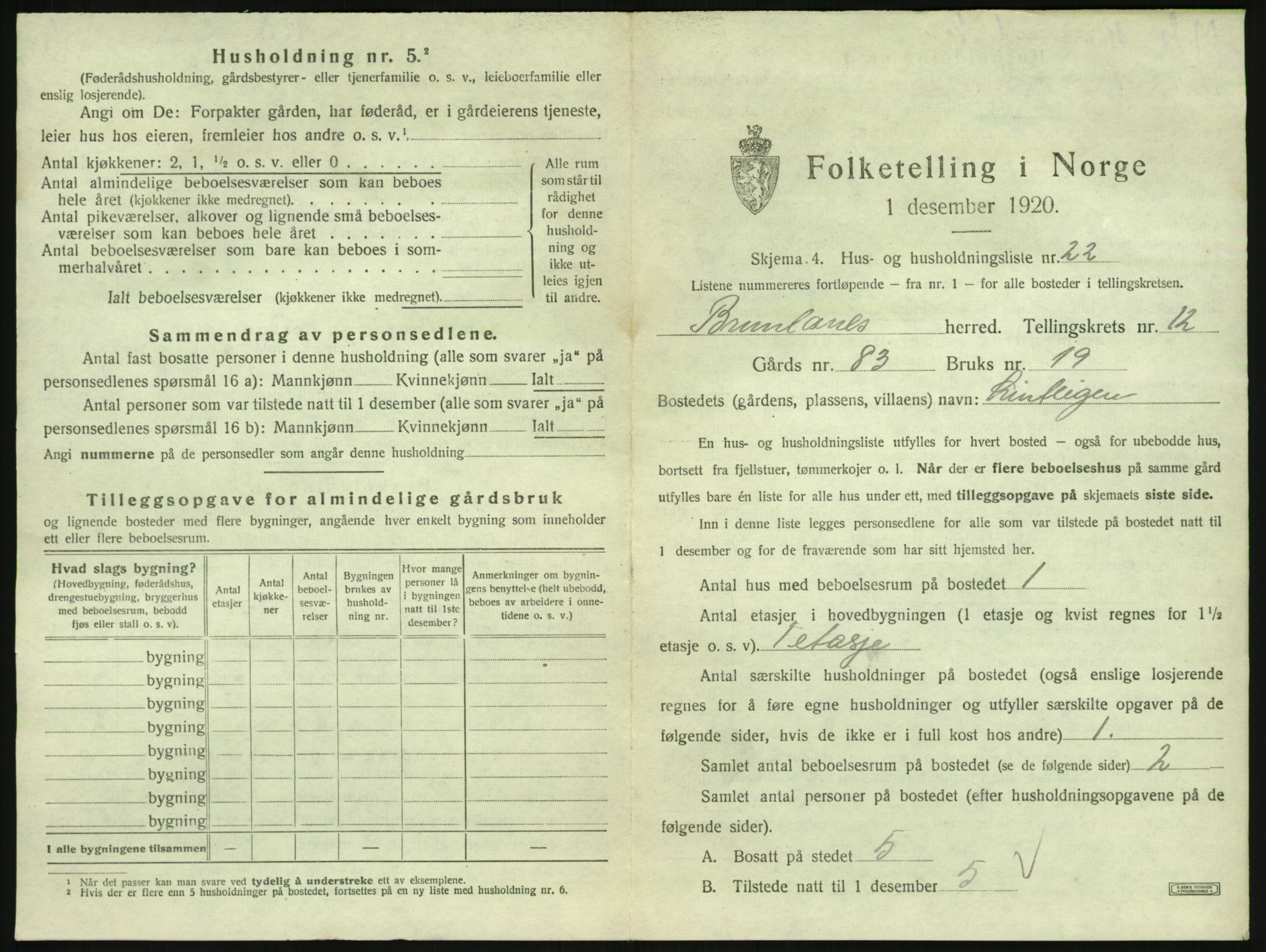 SAKO, 1920 census for Brunlanes, 1920, p. 1739