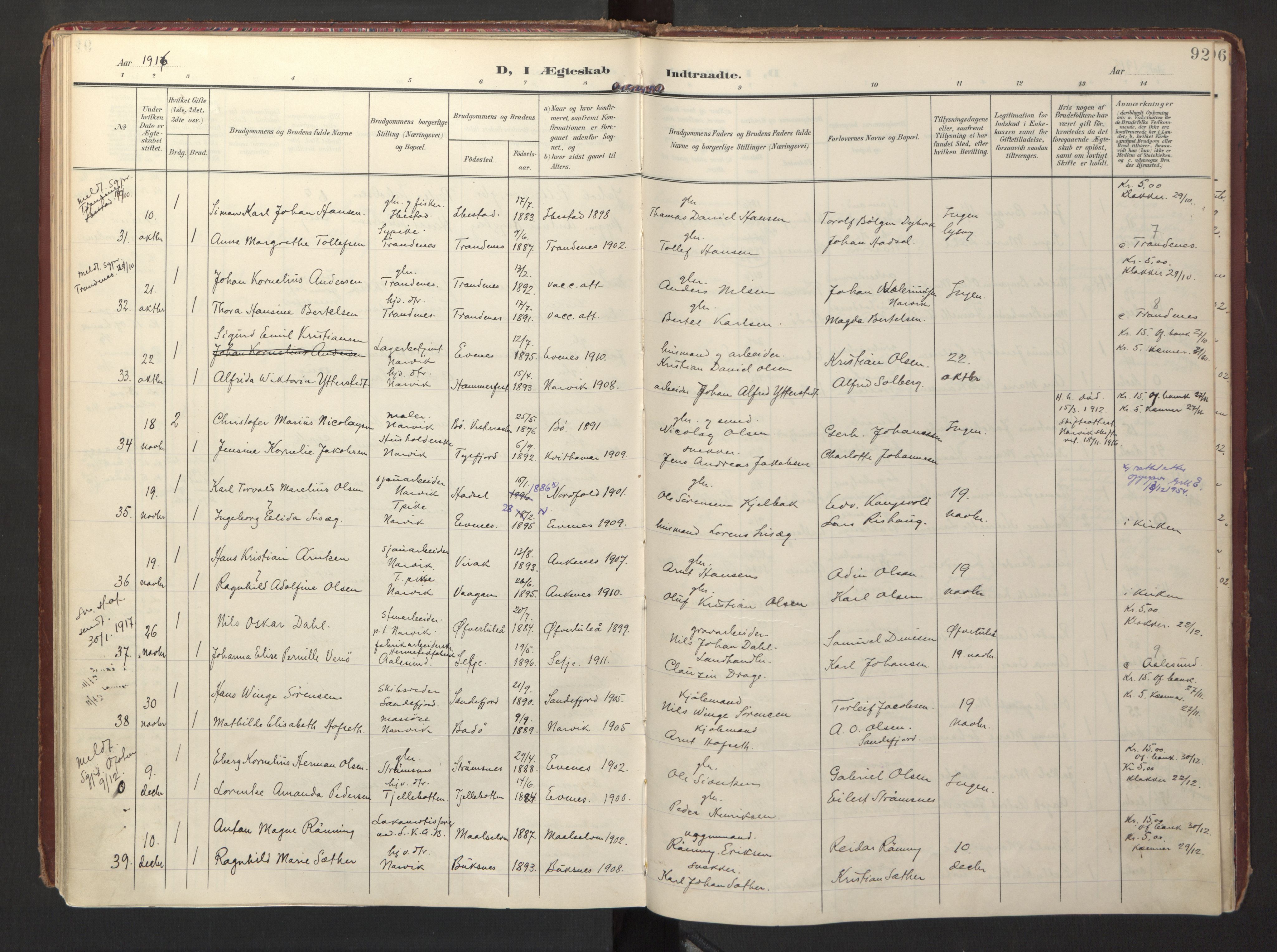 Ministerialprotokoller, klokkerbøker og fødselsregistre - Nordland, AV/SAT-A-1459/871/L0999: Parish register (official) no. 871A15, 1902-1917, p. 92