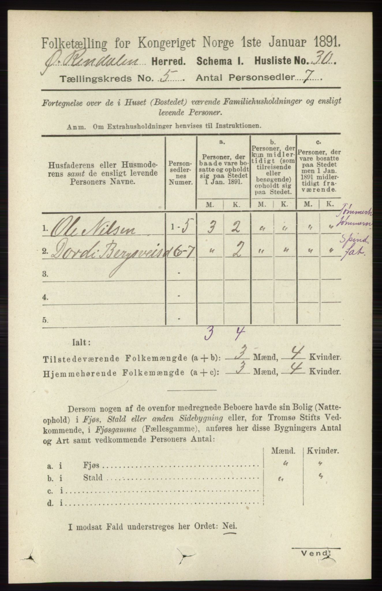 RA, 1891 census for 0433 Øvre Rendal, 1891, p. 1296