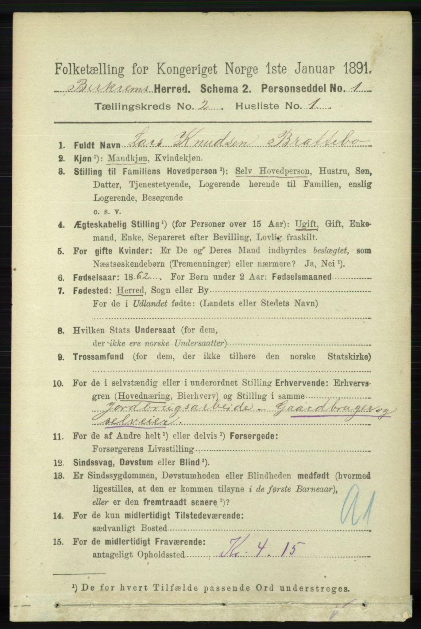 RA, 1891 census for 1114 Bjerkreim, 1891, p. 568