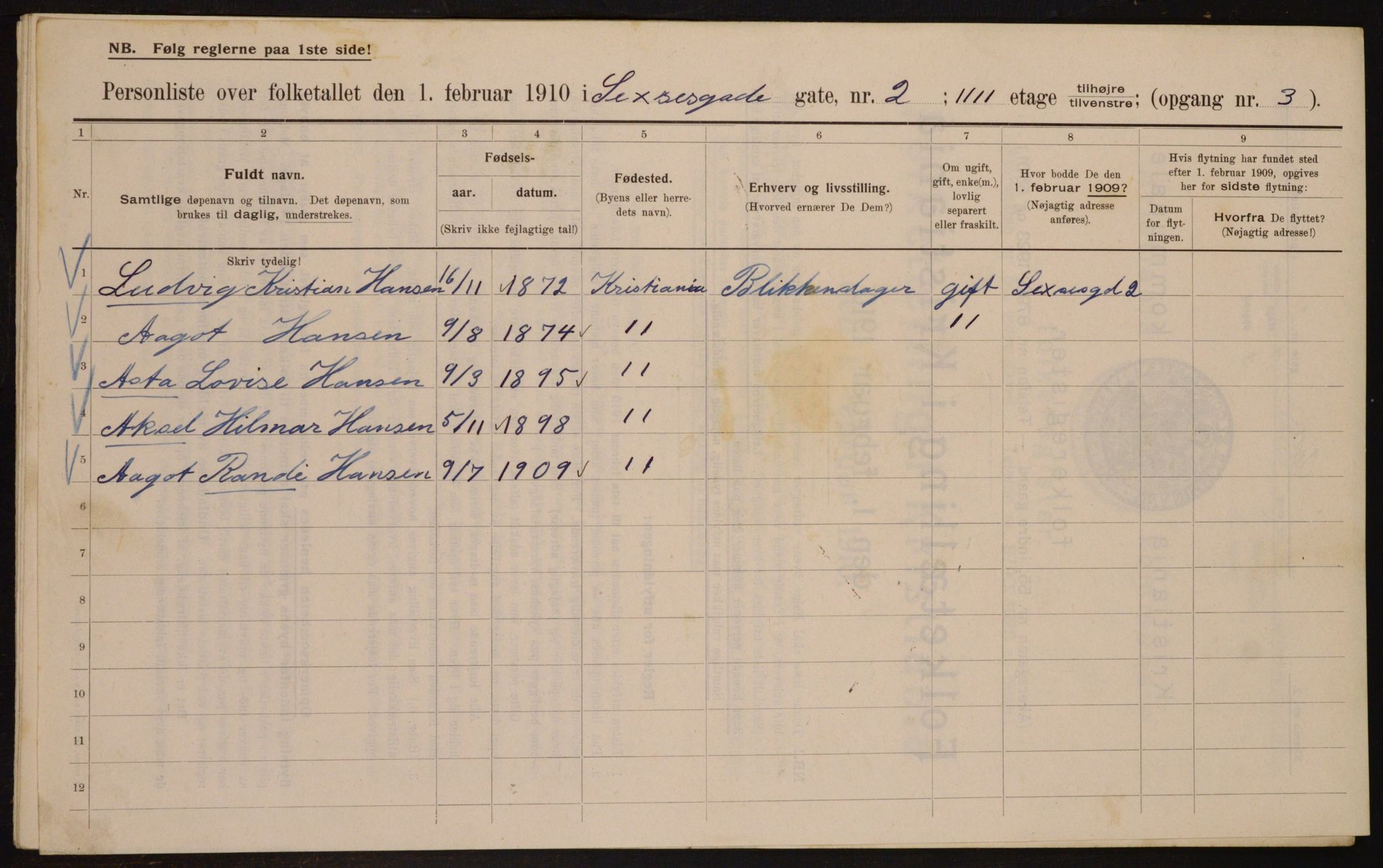 OBA, Municipal Census 1910 for Kristiania, 1910, p. 90374