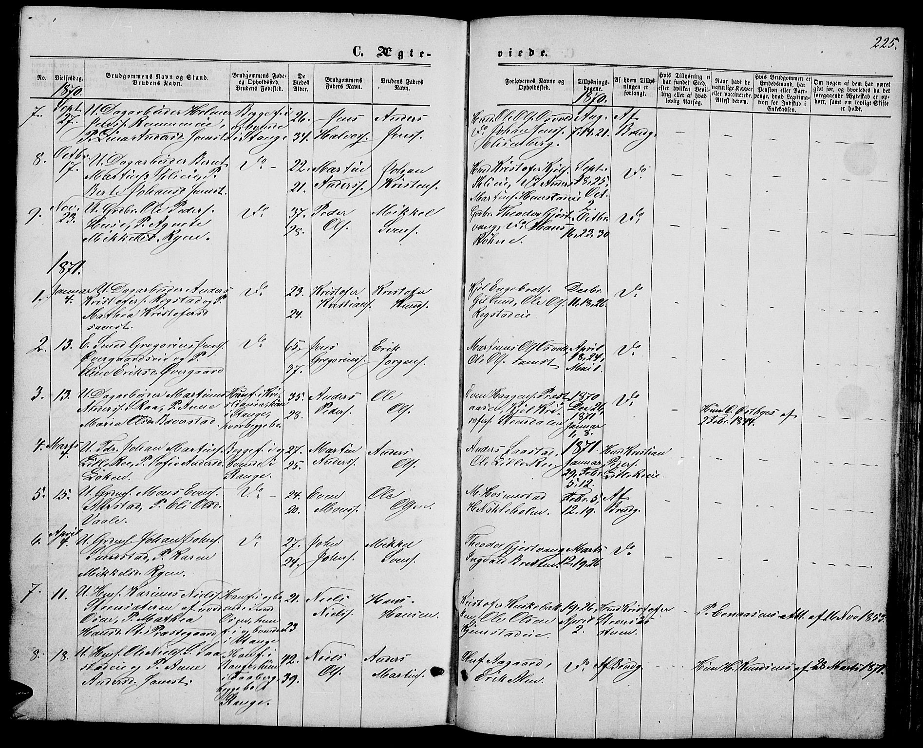 Stange prestekontor, SAH/PREST-002/L/L0006: Parish register (copy) no. 6, 1864-1882, p. 225