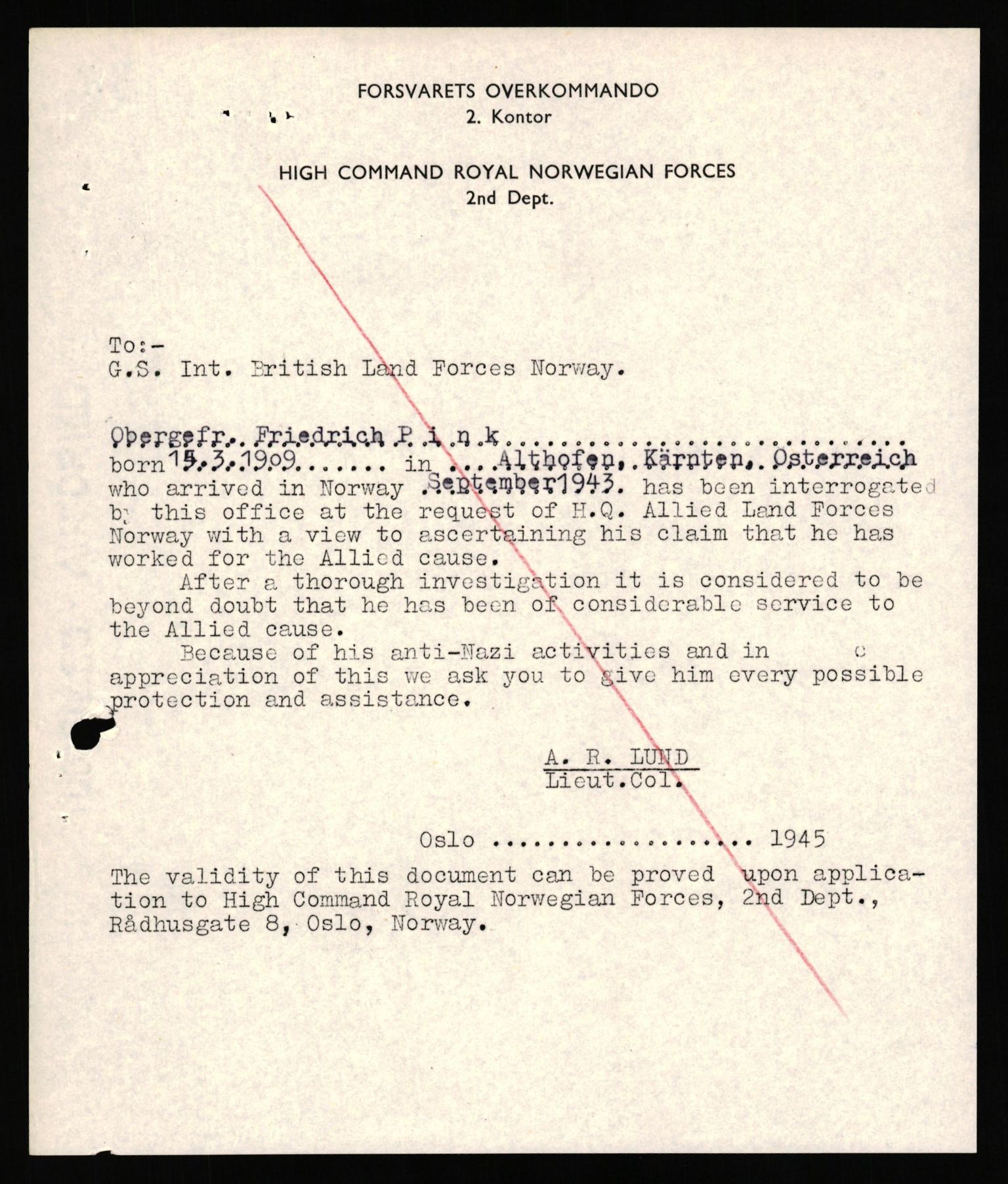 Forsvaret, Forsvarets overkommando II, AV/RA-RAFA-3915/D/Db/L0040: CI Questionaires. Tyske okkupasjonsstyrker i Norge. Østerrikere., 1945-1946, p. 51