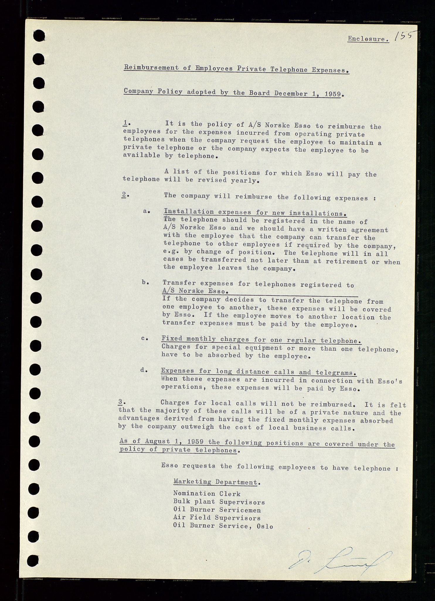 Pa 0982 - Esso Norge A/S, AV/SAST-A-100448/A/Aa/L0001/0001: Den administrerende direksjon Board minutes (styrereferater) / Den administrerende direksjon Board minutes (styrereferater), 1958-1959, p. 155