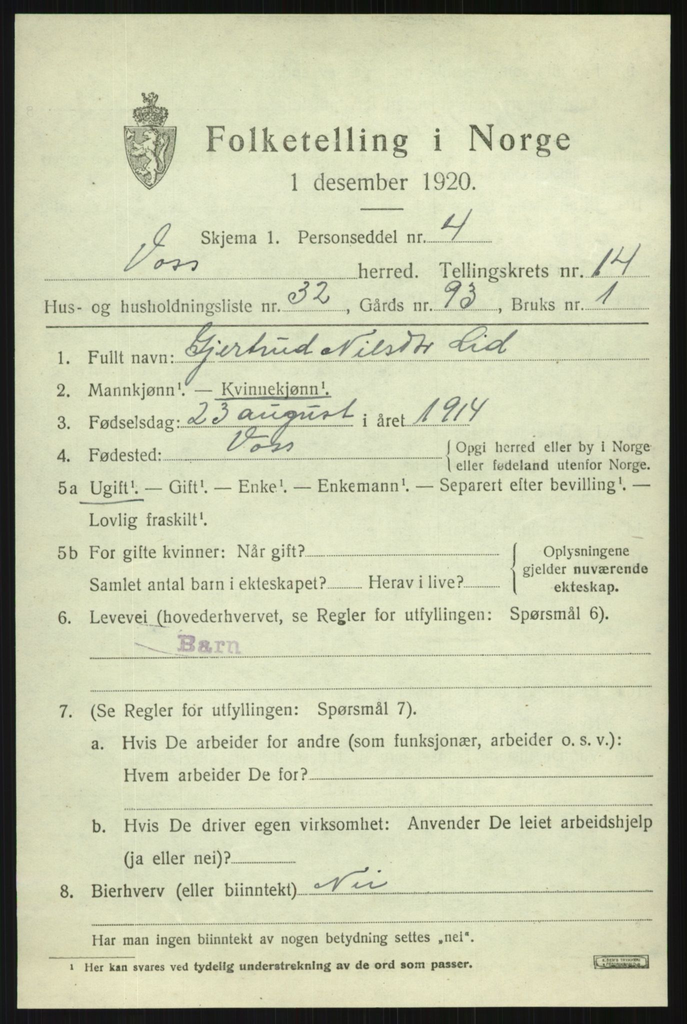 SAB, 1920 census for Voss, 1920, p. 12125