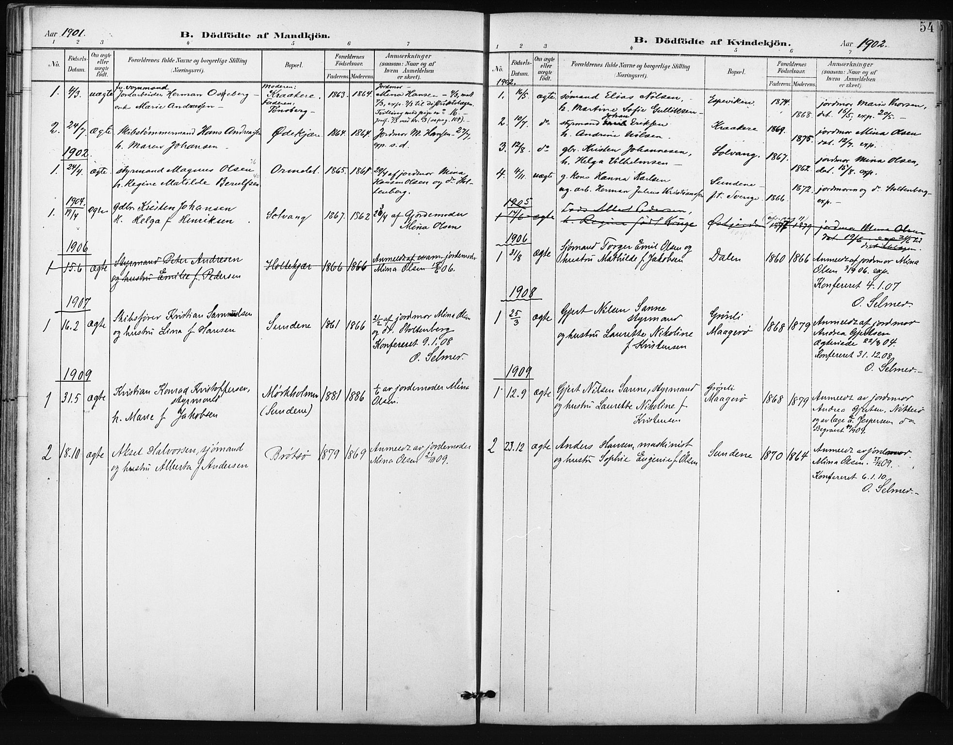 Tjøme kirkebøker, AV/SAKO-A-328/F/Fa/L0005: Parish register (official) no. I 5, 1901-1909, p. 54