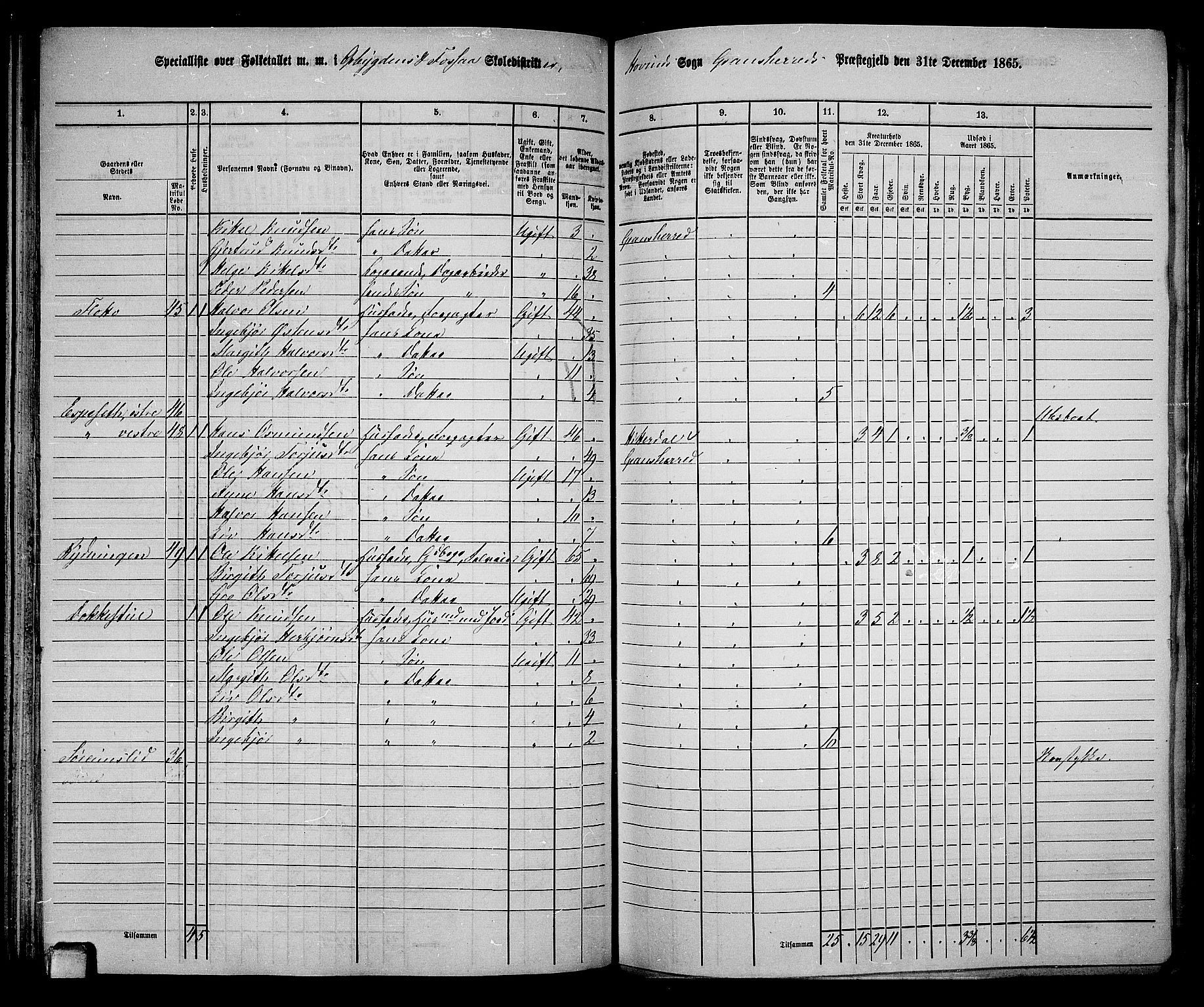 RA, 1865 census for Gransherad, 1865, p. 92