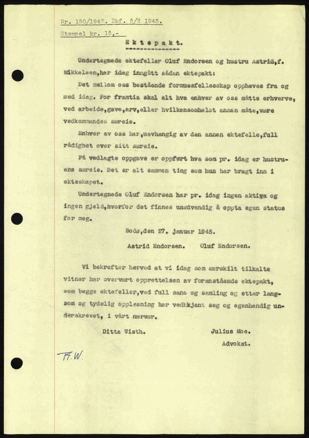 Salten sorenskriveri, AV/SAT-A-4578/1/2/2C: Mortgage book no. A15-17, 1945-1945, Diary no: : 150/1945