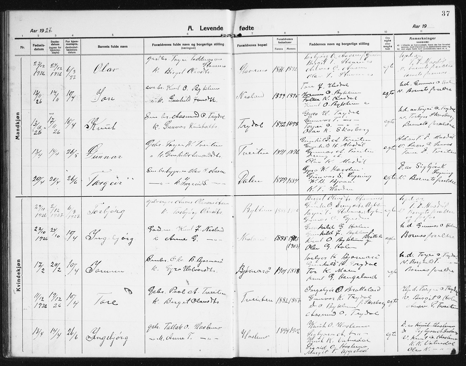 Valle sokneprestkontor, SAK/1111-0044/F/Fb/Fba/L0004: Parish register (copy) no. B 4, 1917-1944, p. 37