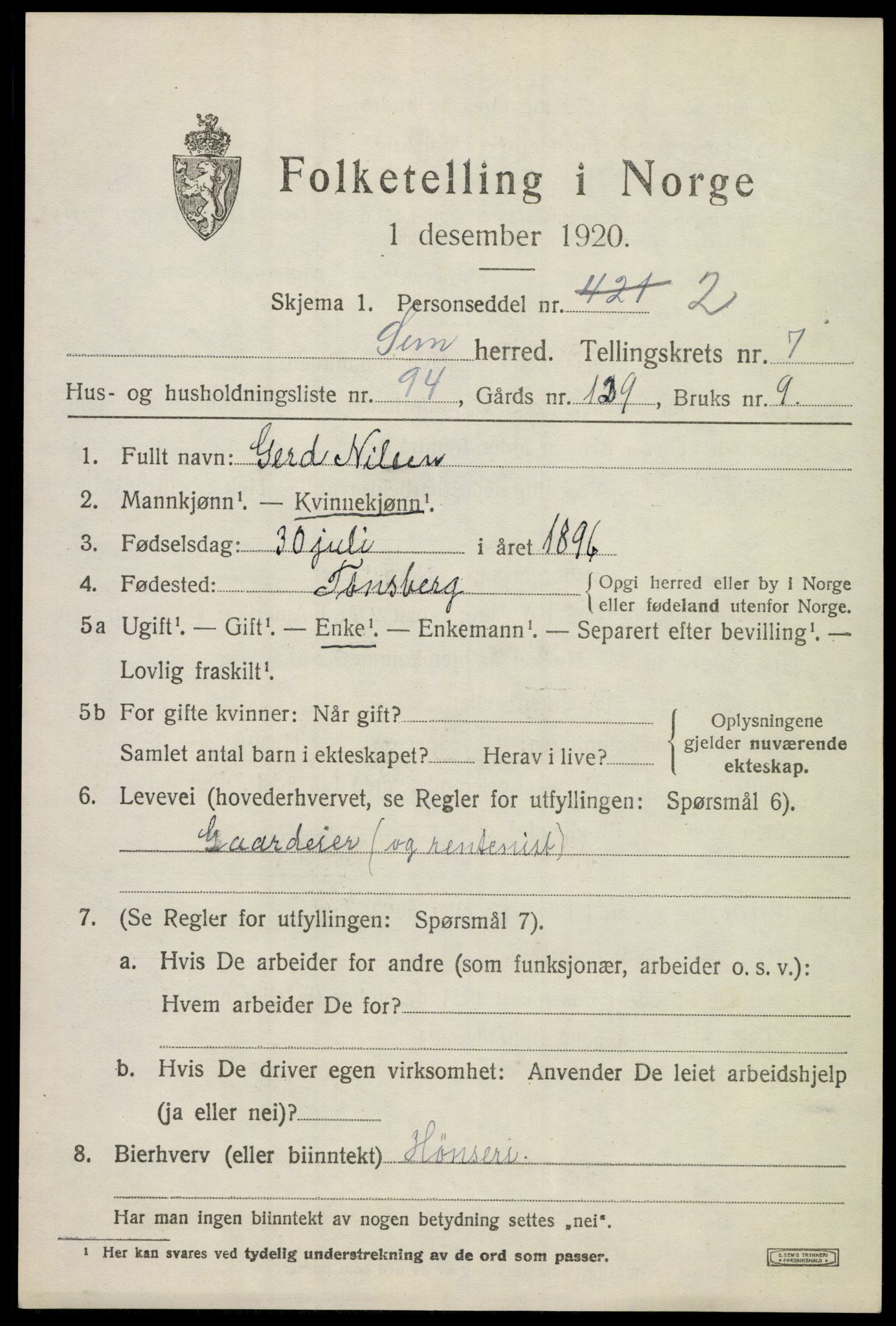 SAKO, 1920 census for Sem, 1920, p. 11185