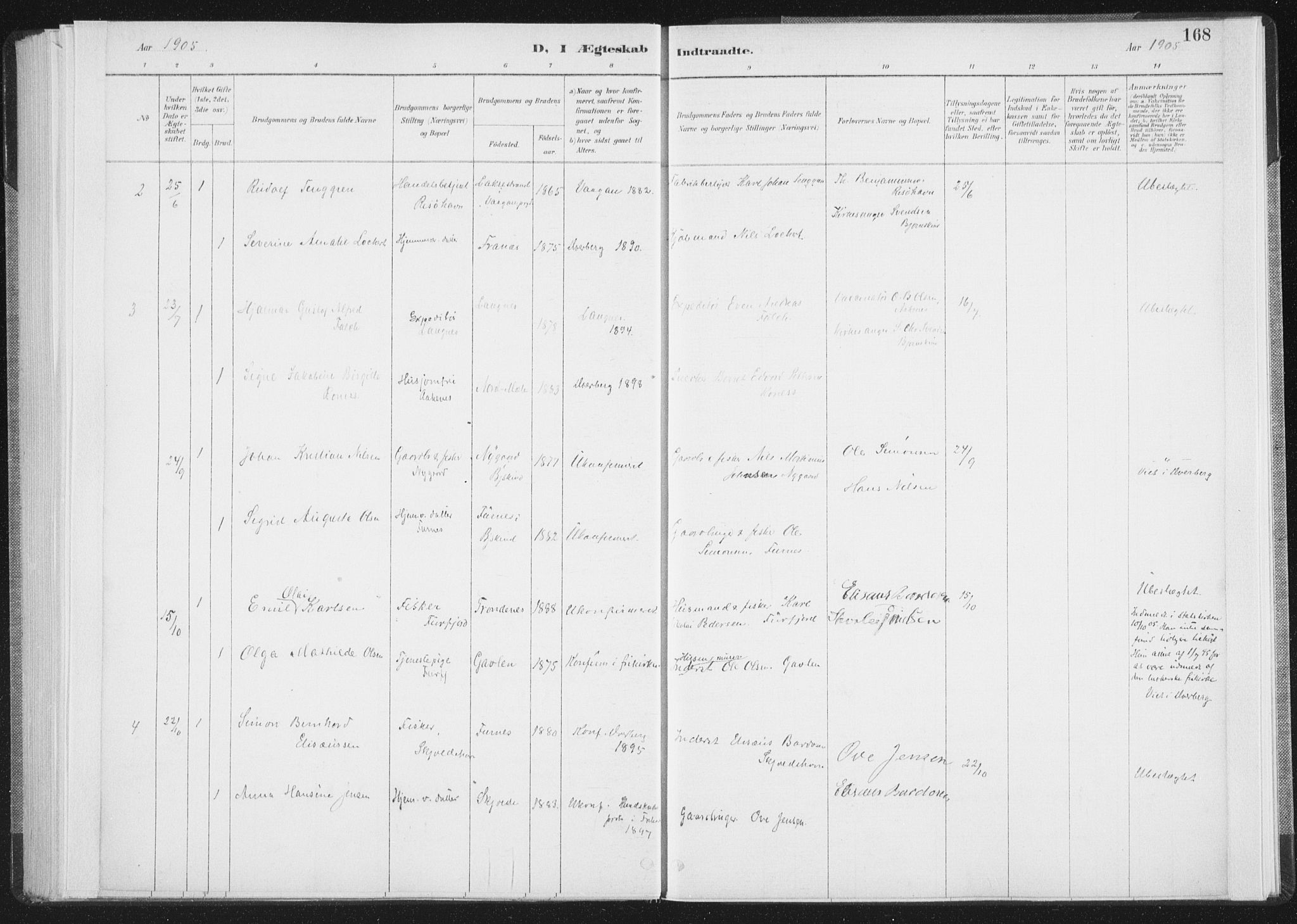Ministerialprotokoller, klokkerbøker og fødselsregistre - Nordland, SAT/A-1459/898/L1422: Parish register (official) no. 898A02, 1887-1908, p. 168