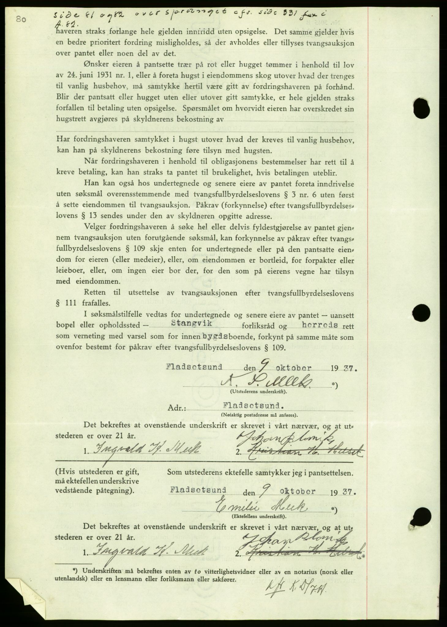 Nordmøre sorenskriveri, AV/SAT-A-4132/1/2/2Ca/L0092: Mortgage book no. B82, 1937-1938, Diary no: : 2462/1937