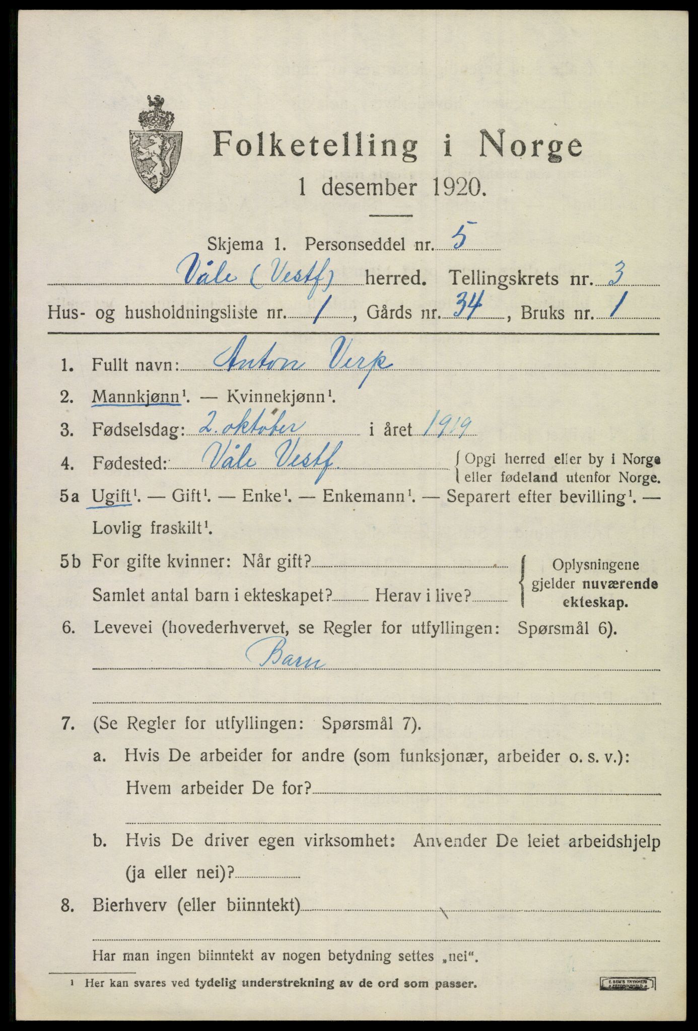 SAKO, 1920 census for Våle, 1920, p. 2302