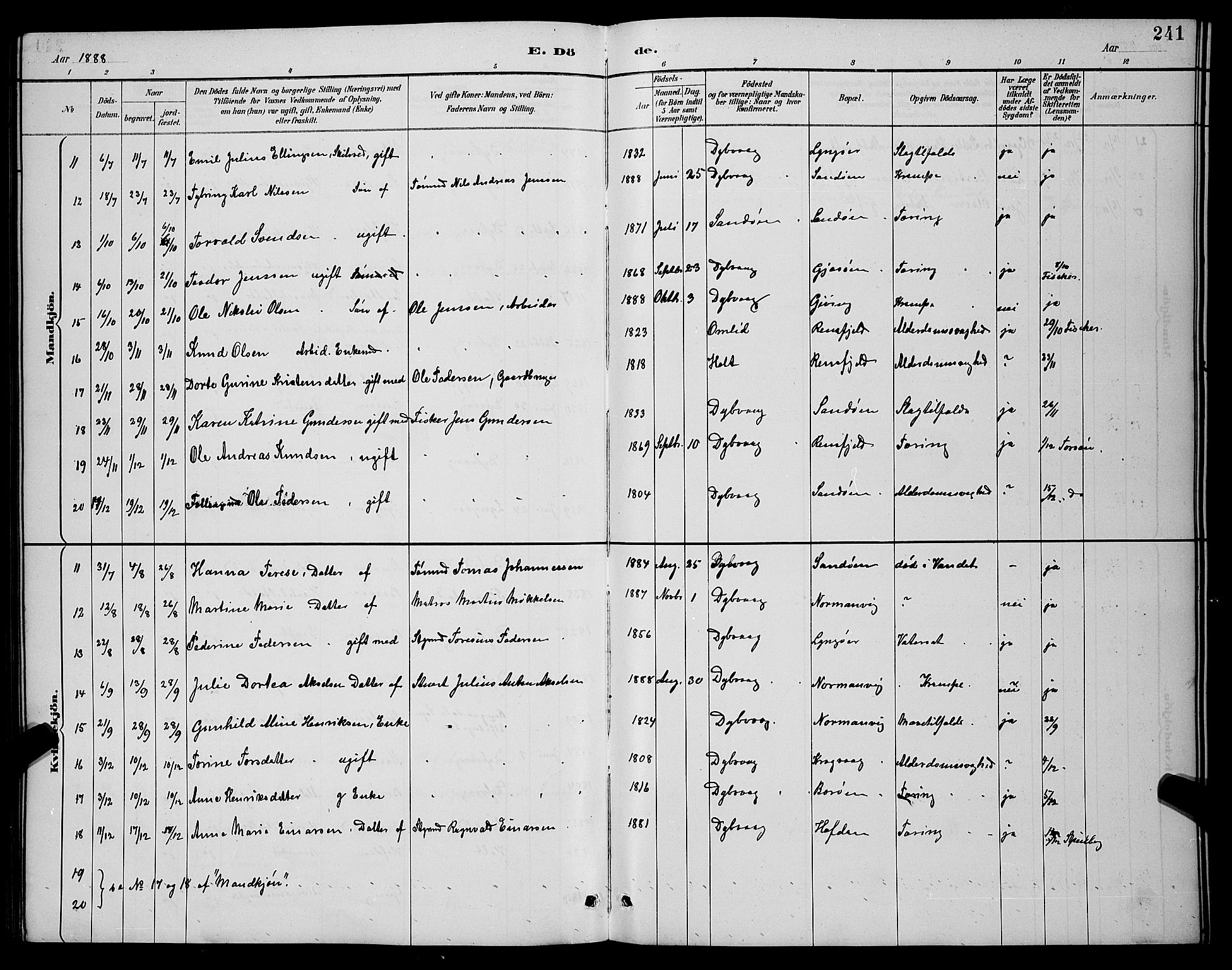Dypvåg sokneprestkontor, AV/SAK-1111-0007/F/Fb/Fba/L0013: Parish register (copy) no. B 13, 1887-1900, p. 241