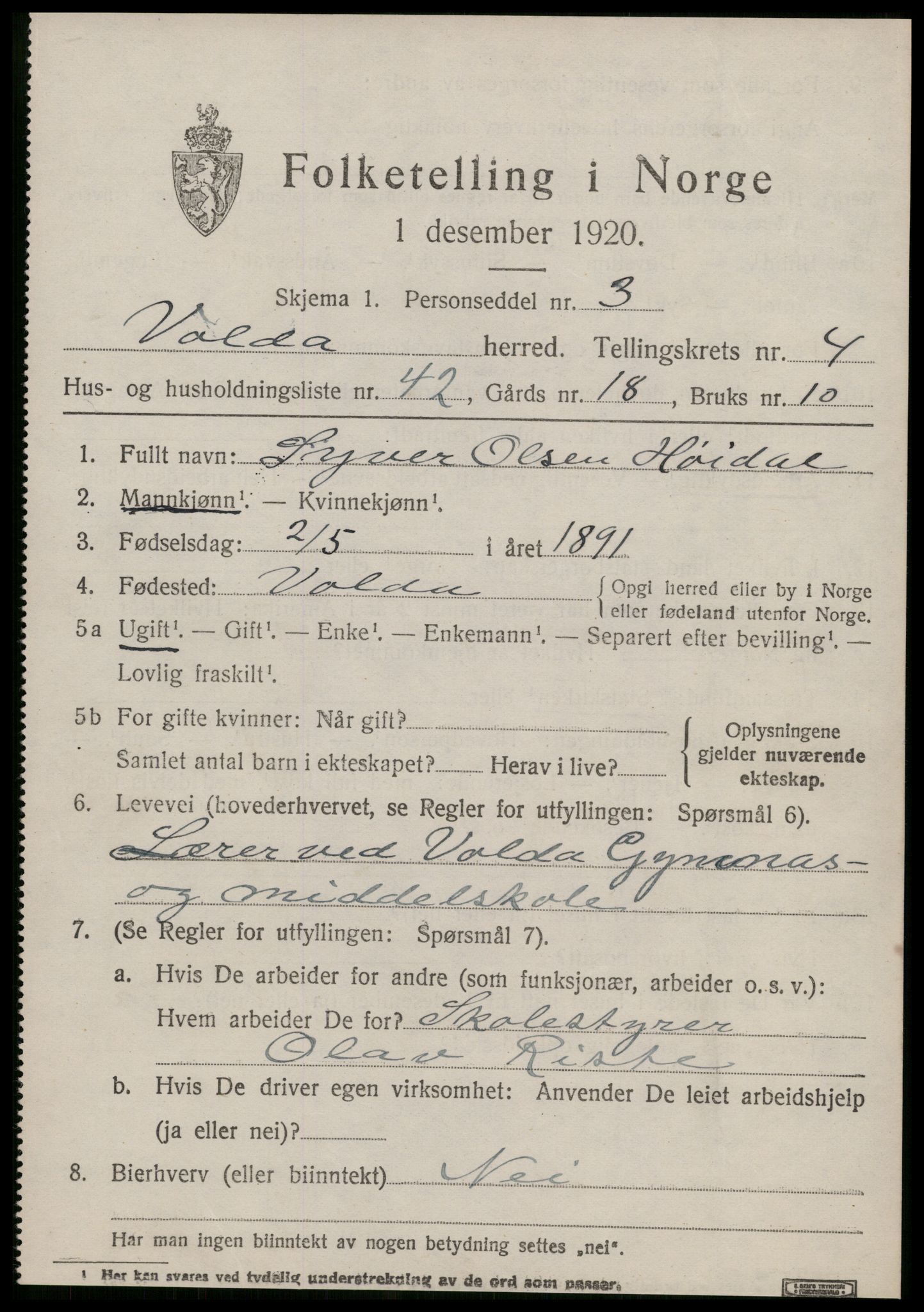 SAT, 1920 census for Volda, 1920, p. 3680