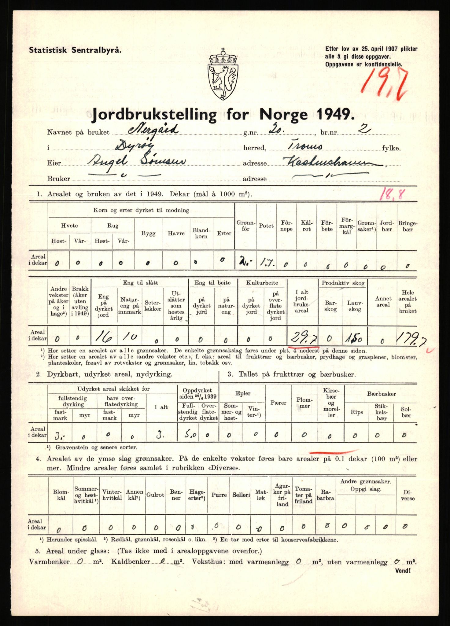 Statistisk sentralbyrå, Næringsøkonomiske emner, Jordbruk, skogbruk, jakt, fiske og fangst, AV/RA-S-2234/G/Gc/L0440: Troms: Sørreisa og Dyrøy, 1949, p. 1276