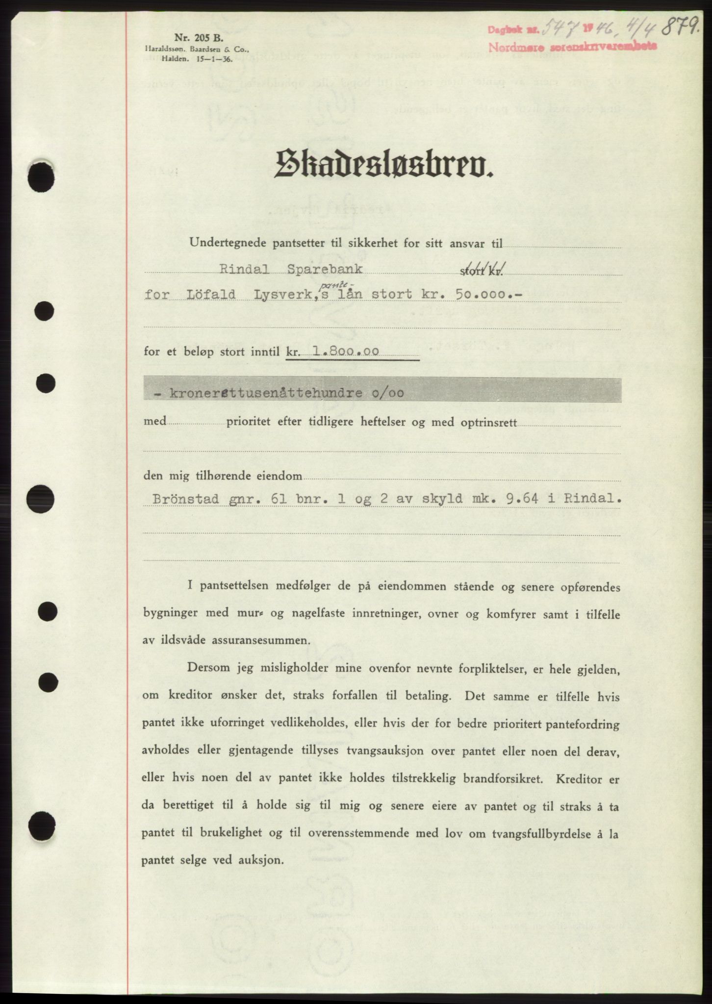 Nordmøre sorenskriveri, AV/SAT-A-4132/1/2/2Ca: Mortgage book no. B93b, 1946-1946, Diary no: : 547/1946