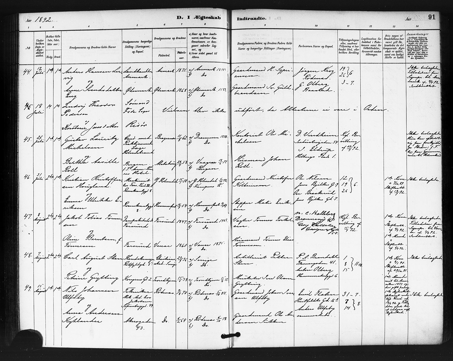 Oslo domkirke Kirkebøker, SAO/A-10752/F/Fa/L0032: Parish register (official) no. 32, 1885-1902, p. 91