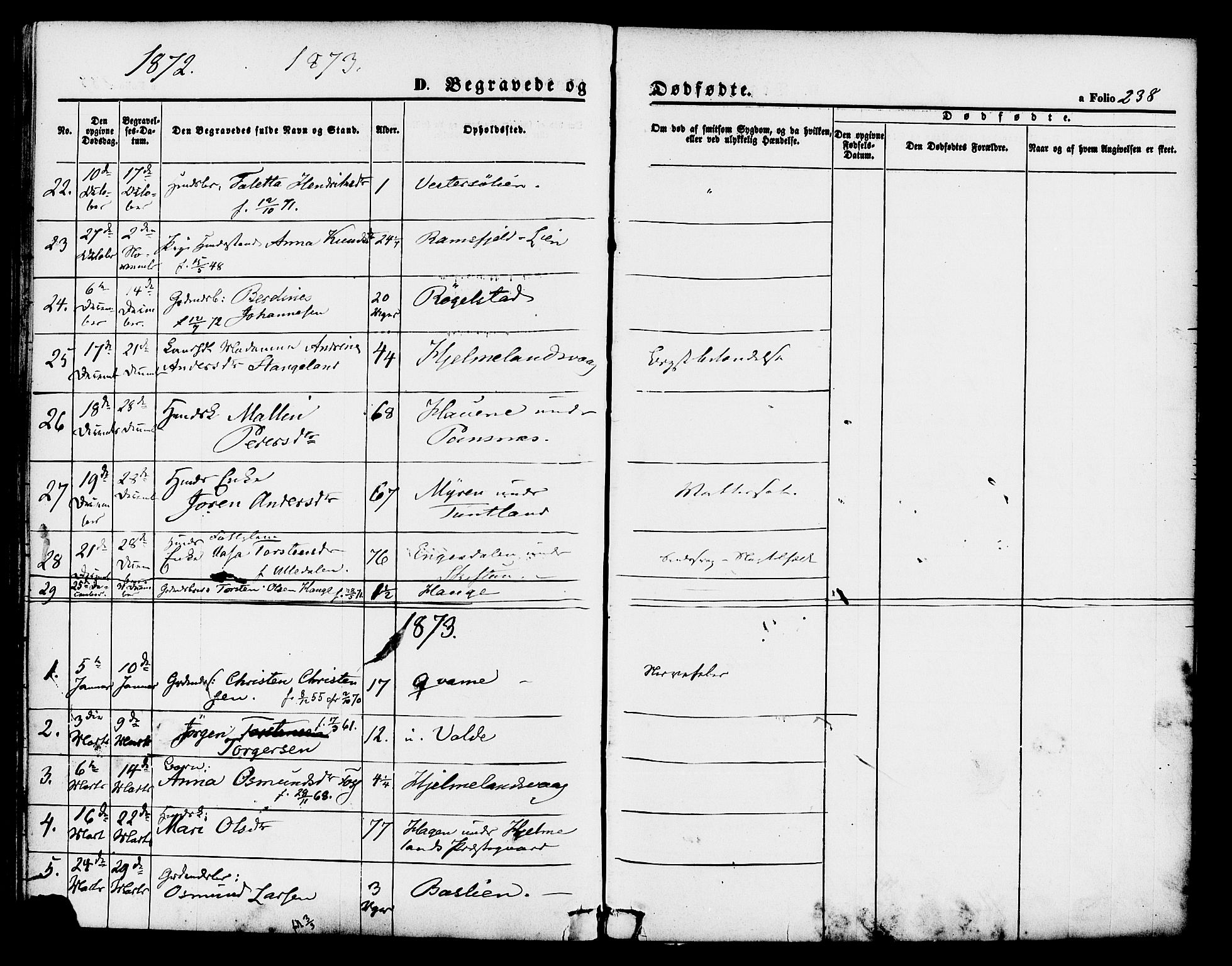 Hjelmeland sokneprestkontor, AV/SAST-A-101843/01/IV/L0011: Parish register (official) no. A 11, 1861-1878, p. 238