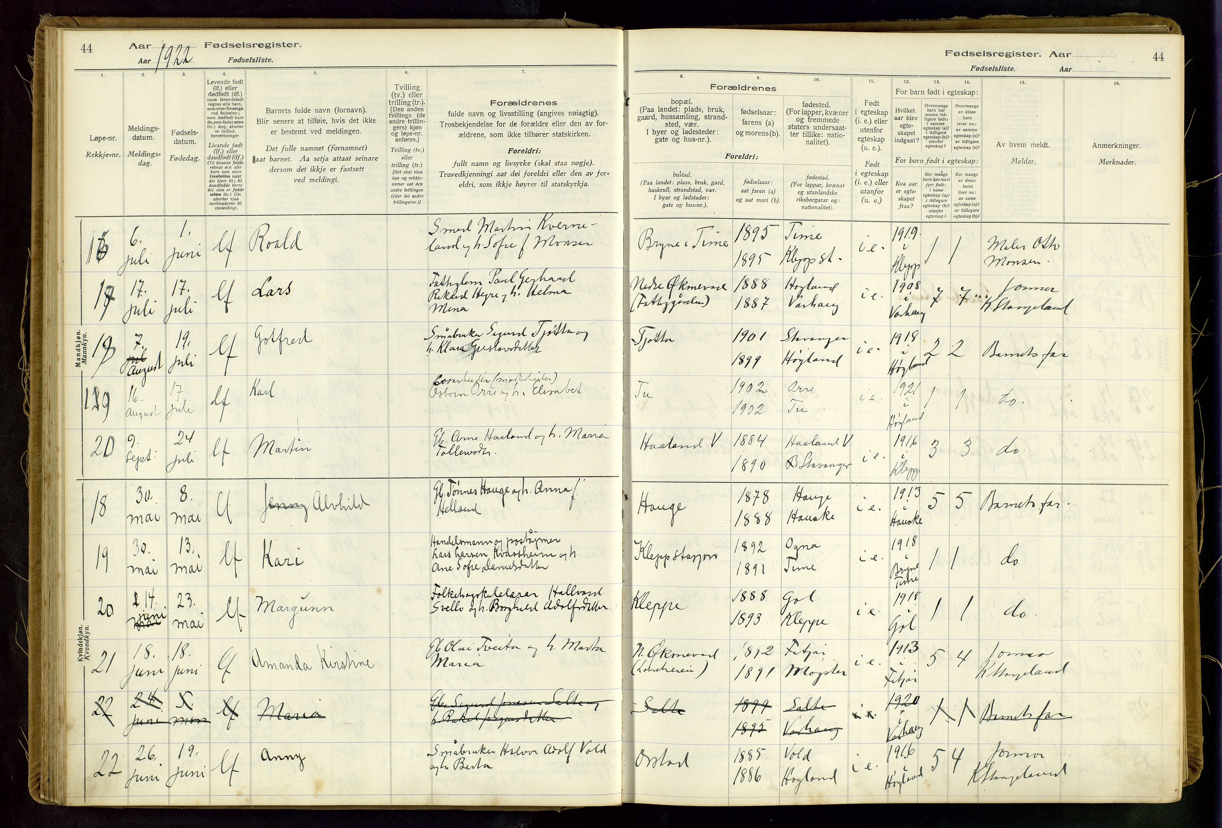 Klepp sokneprestkontor, AV/SAST-A-101803/001/704BAA/L0001: Birth register no. 1, 1916-1948, p. 44