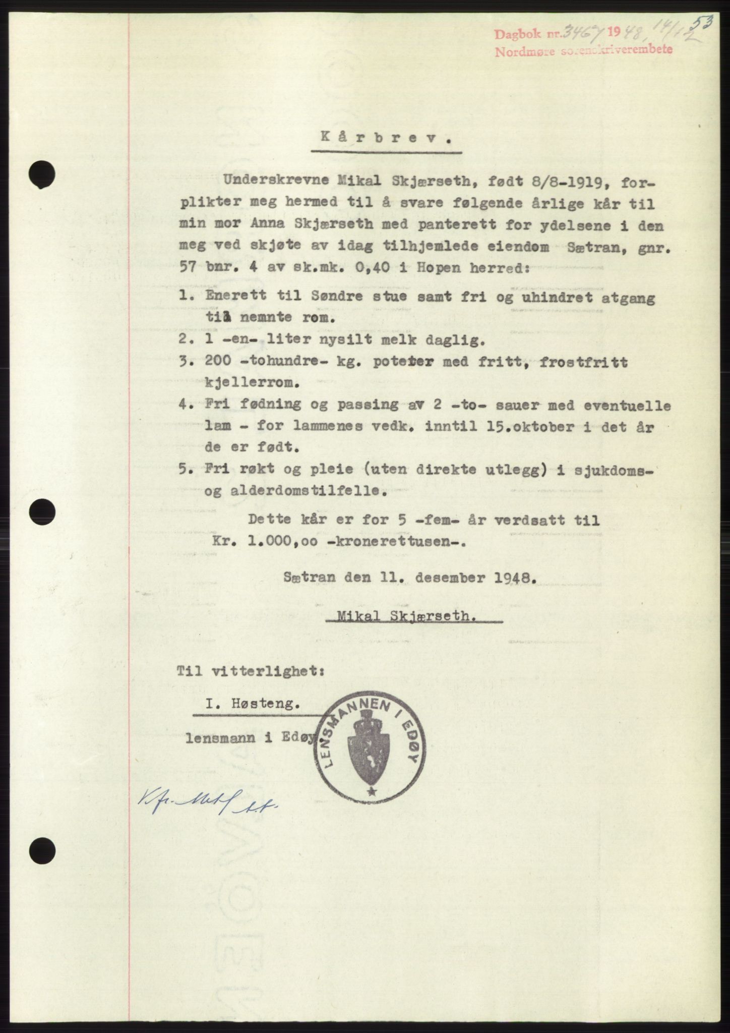 Nordmøre sorenskriveri, AV/SAT-A-4132/1/2/2Ca: Mortgage book no. B100, 1948-1949, Diary no: : 3467/1948