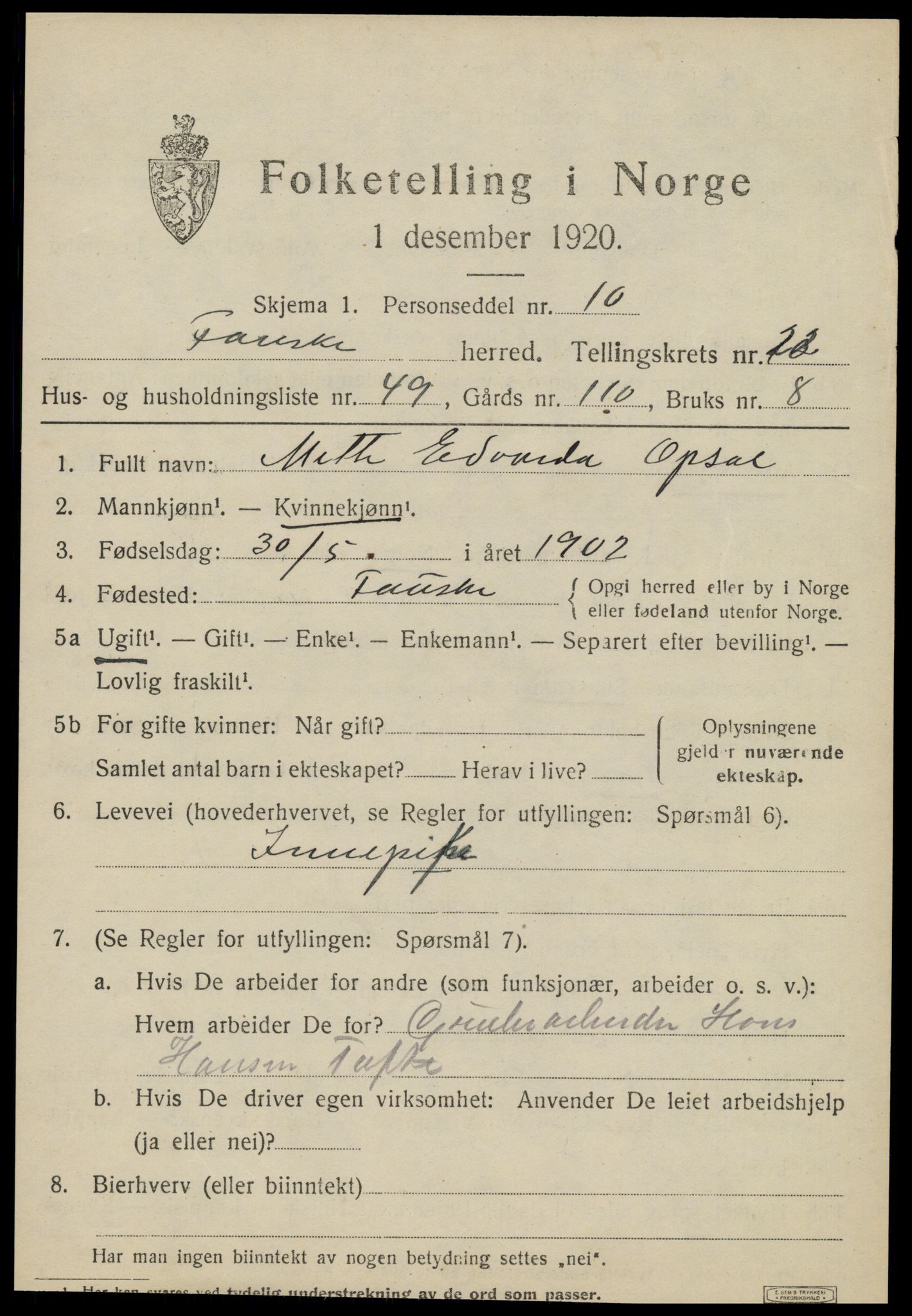 SAT, 1920 census for Fauske, 1920, p. 14154