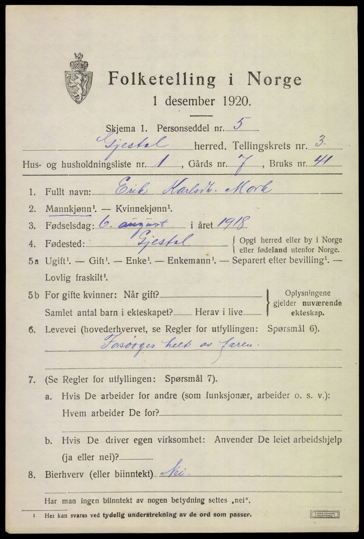 SAST, 1920 census for Gjesdal, 1920, p. 2134