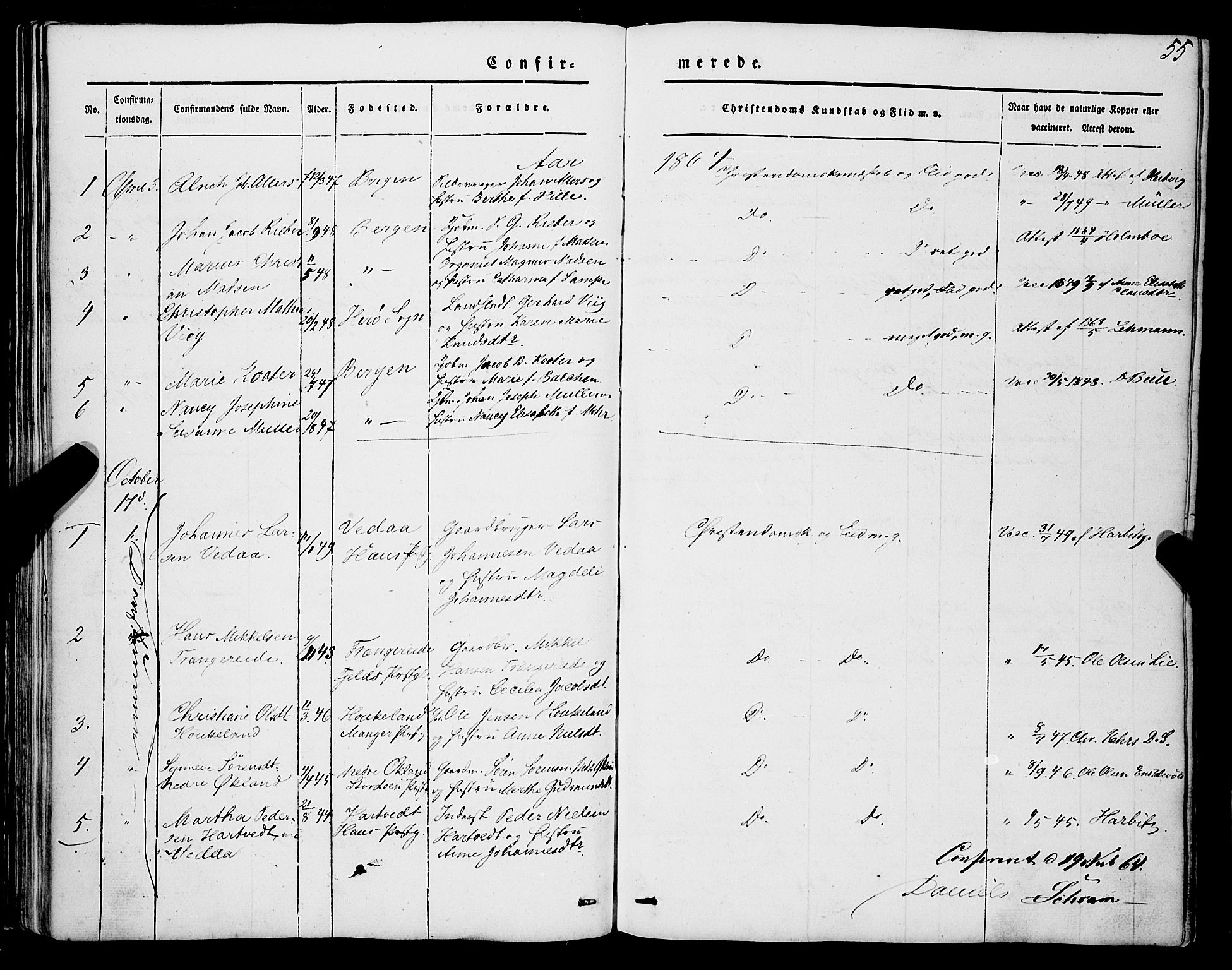 Mariakirken Sokneprestembete, AV/SAB-A-76901/H/Haa/L0006: Parish register (official) no. A 6, 1846-1877, p. 55