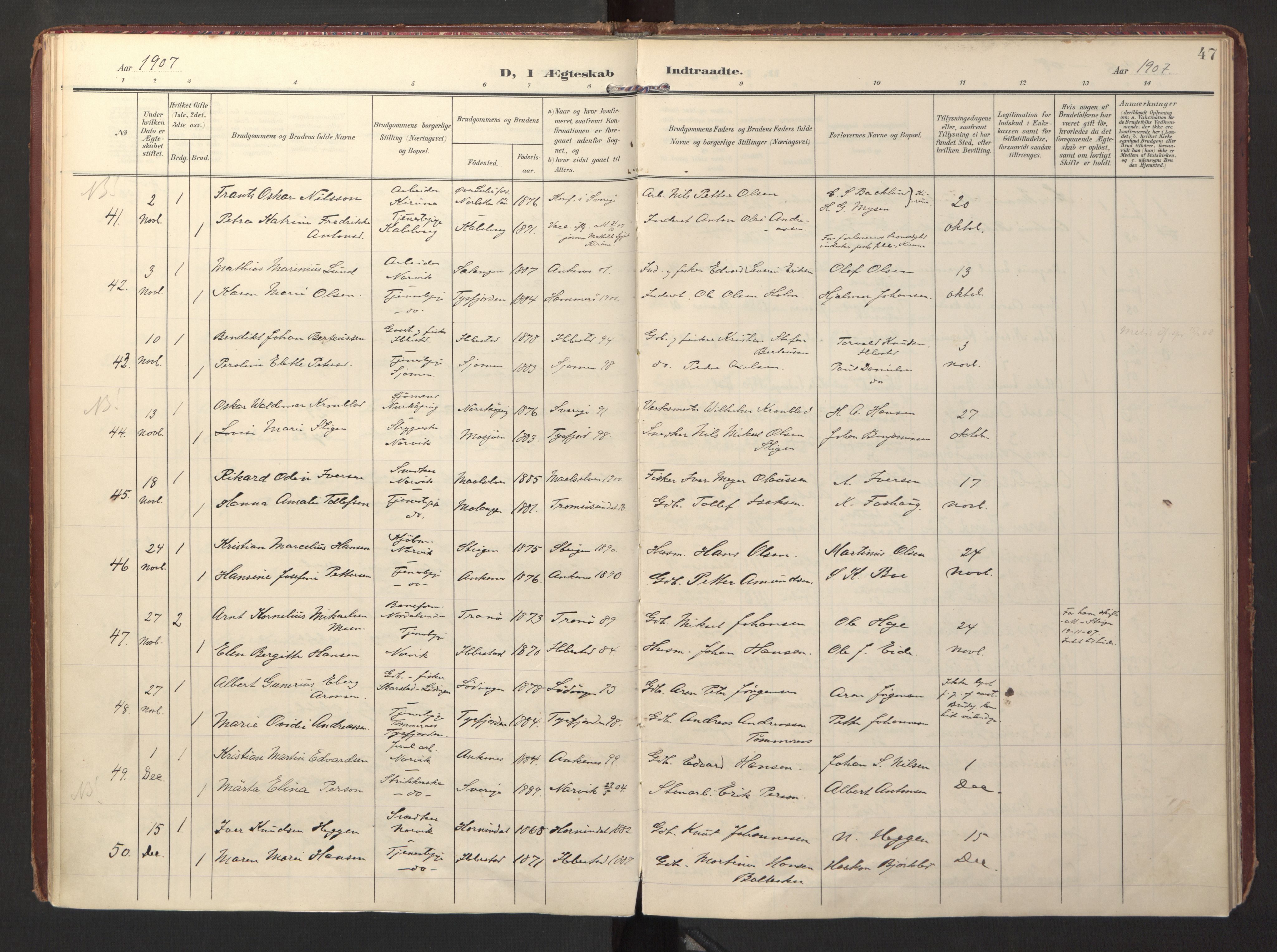 Ministerialprotokoller, klokkerbøker og fødselsregistre - Nordland, AV/SAT-A-1459/871/L0999: Parish register (official) no. 871A15, 1902-1917, p. 47