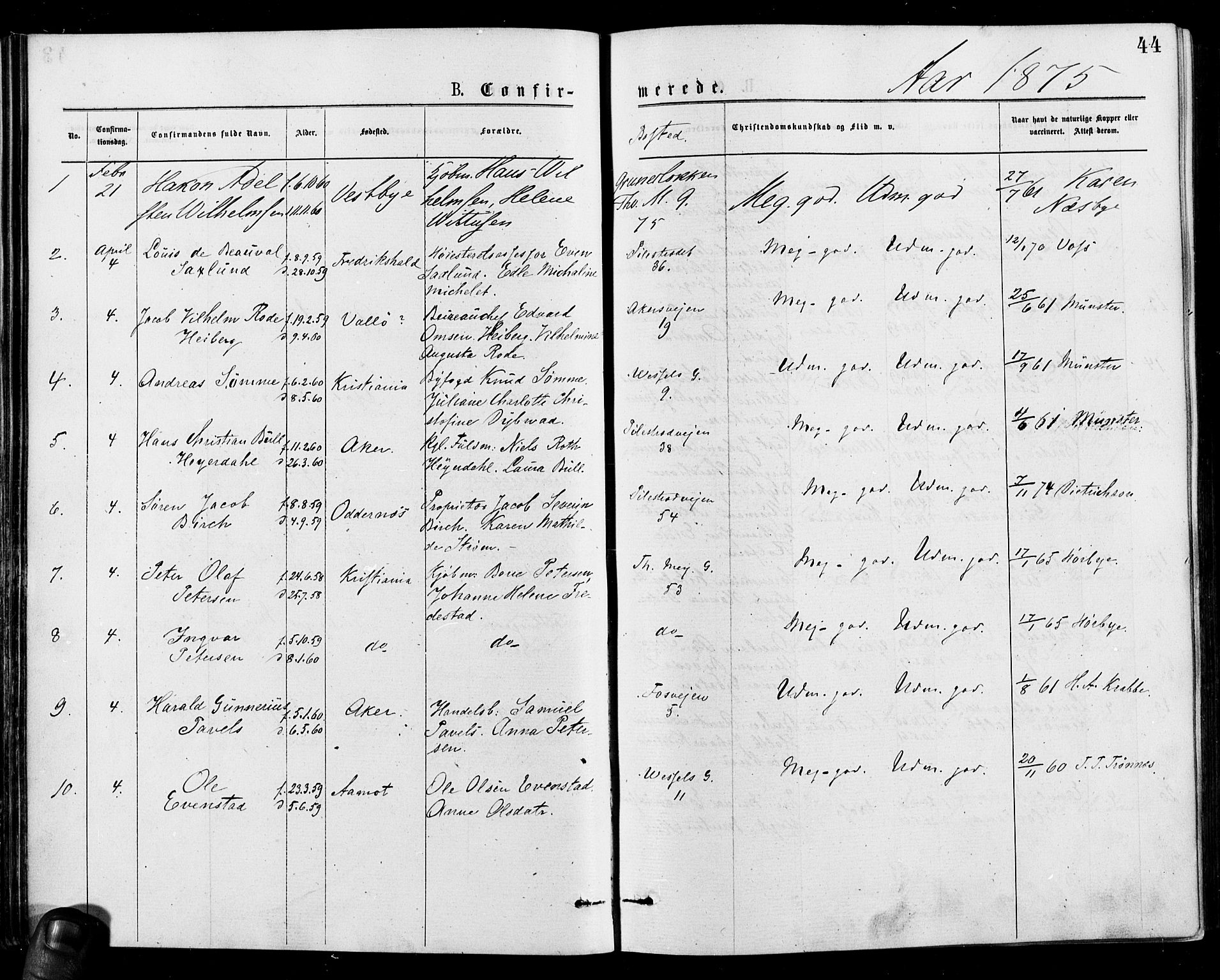Gamle Aker prestekontor Kirkebøker, SAO/A-10617a/F/L0005: Parish register (official) no. 5, 1873-1881, p. 44