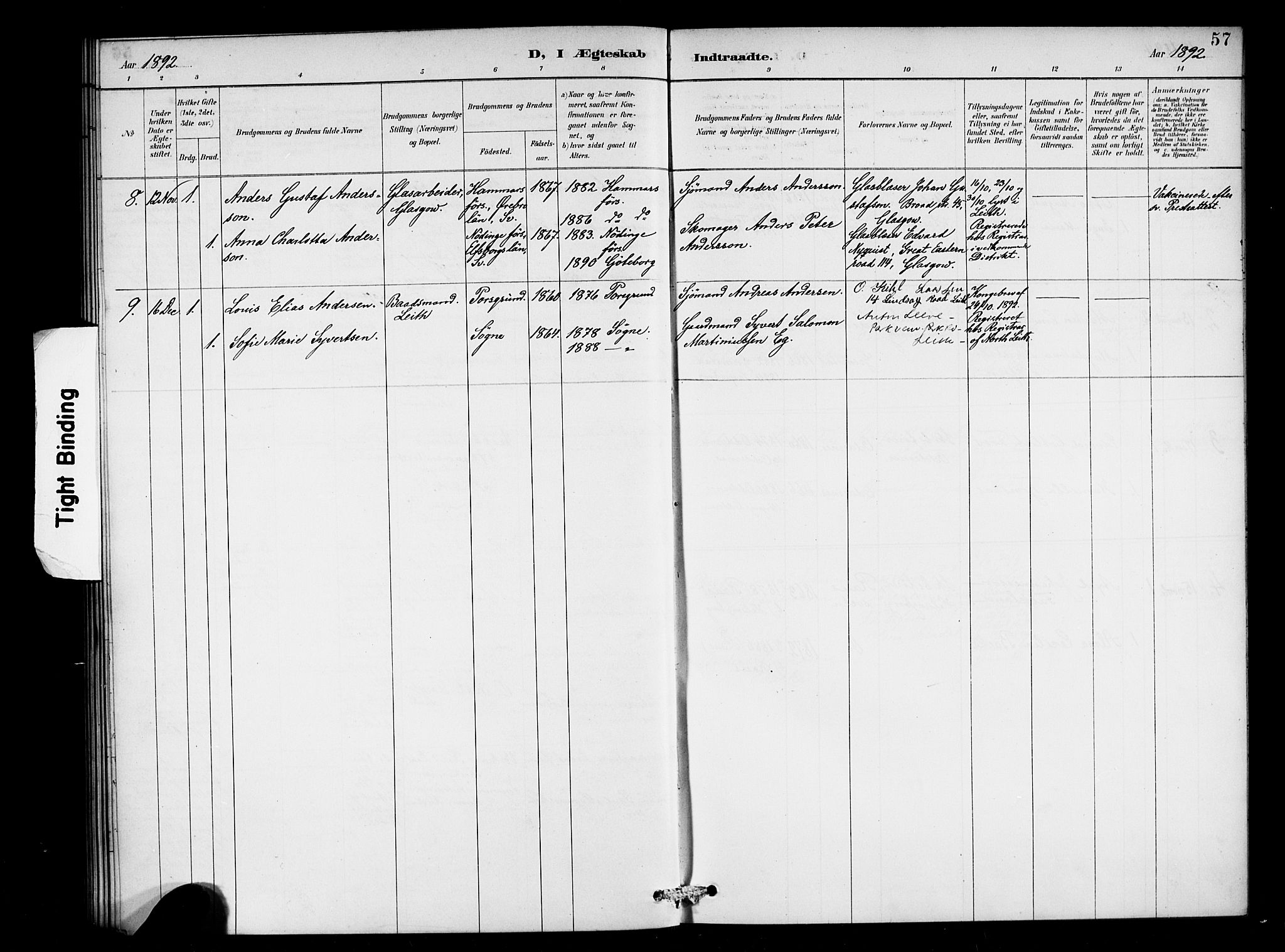 Den norske sjømannsmisjon i utlandet/Skotske havner (Leith, Glasgow), SAB/SAB/PA-0100/H/Ha/Haa/L0003: Parish register (official) no. A 3, 1887-1898, p. 57