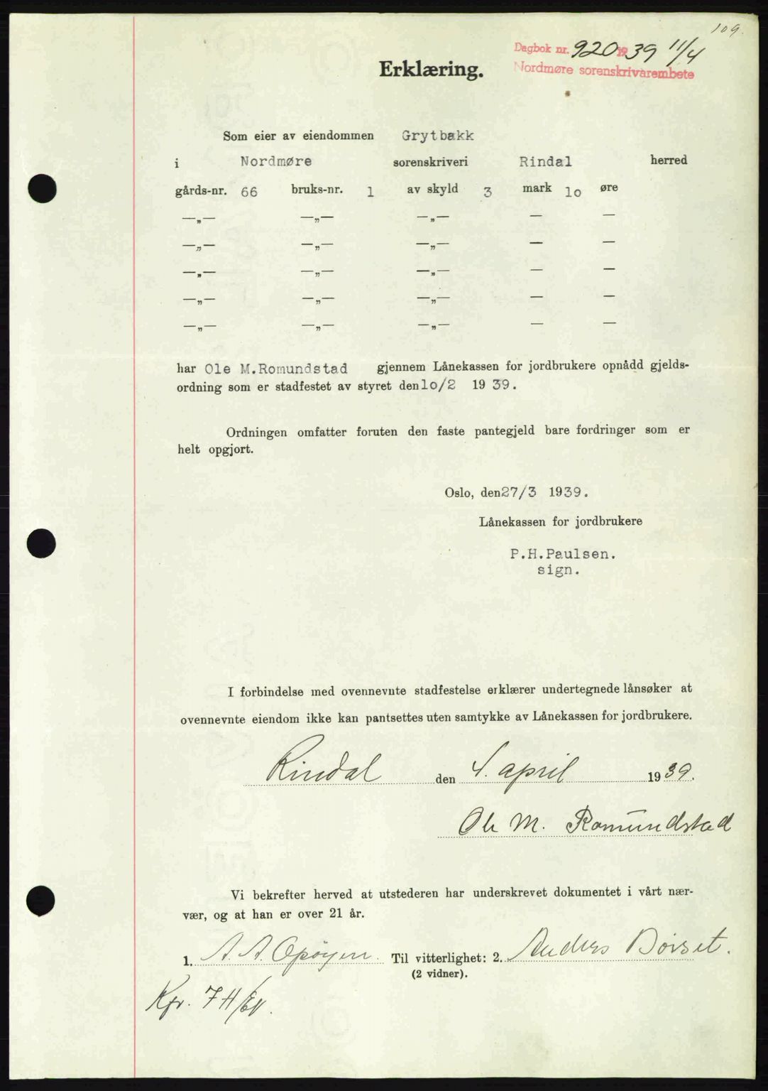 Nordmøre sorenskriveri, AV/SAT-A-4132/1/2/2Ca: Mortgage book no. B85, 1939-1939, Diary no: : 920/1939