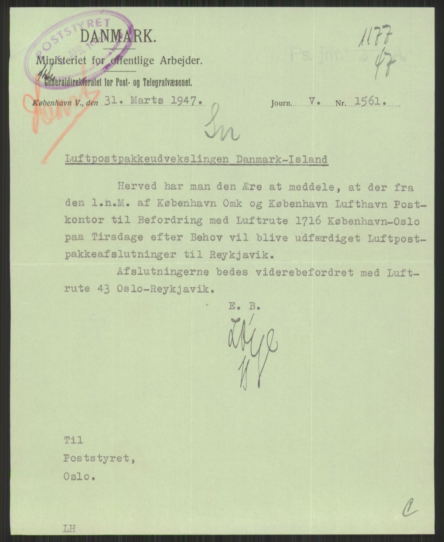 Postdirektoratet, Administrasjonsservice (TSA), AV/RA-S-4783/D/L0095/0002: De forskjellige tjenestegrener / Luftpakkepost, 1947-1965, p. 579