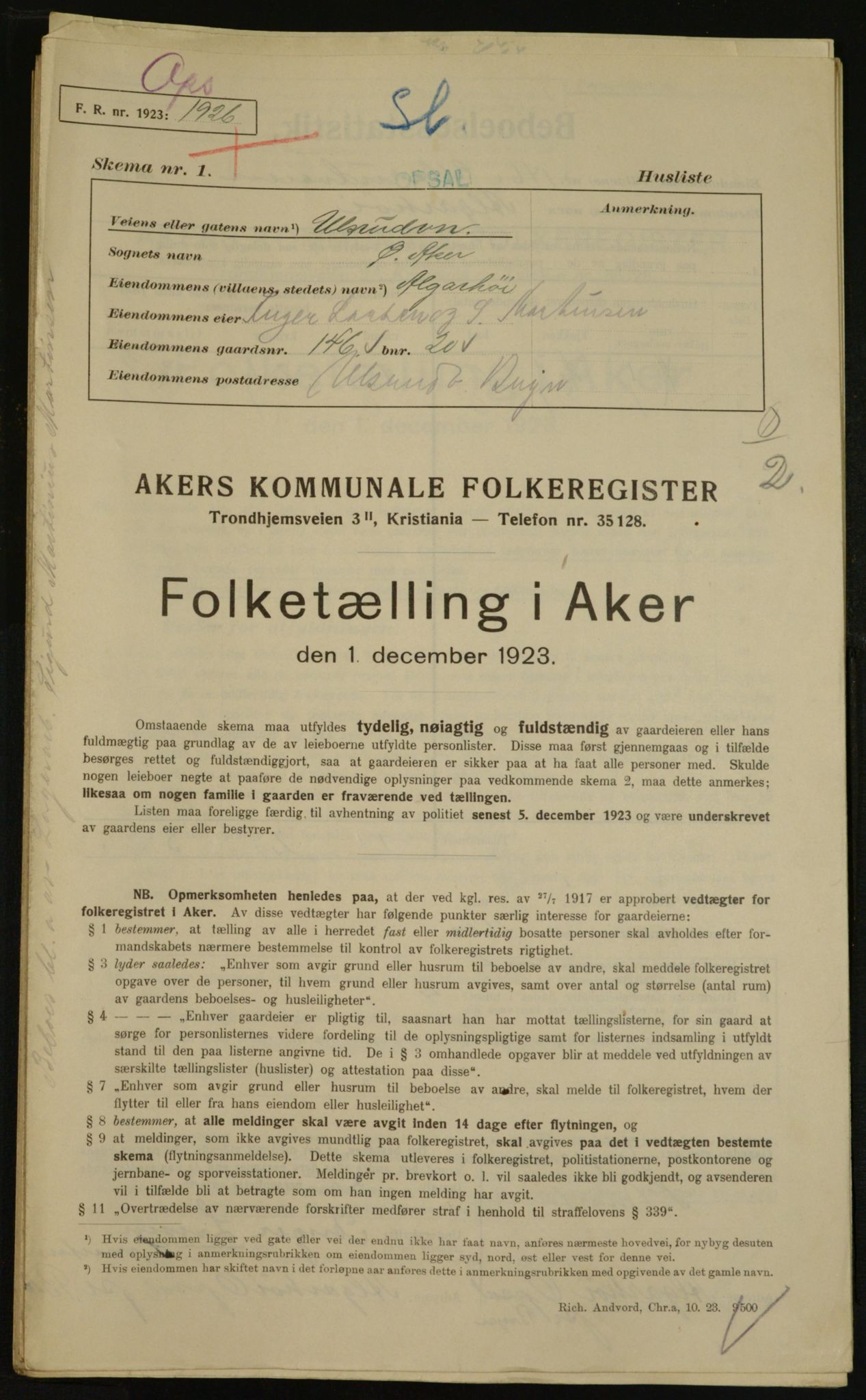 , Municipal Census 1923 for Aker, 1923, p. 34755