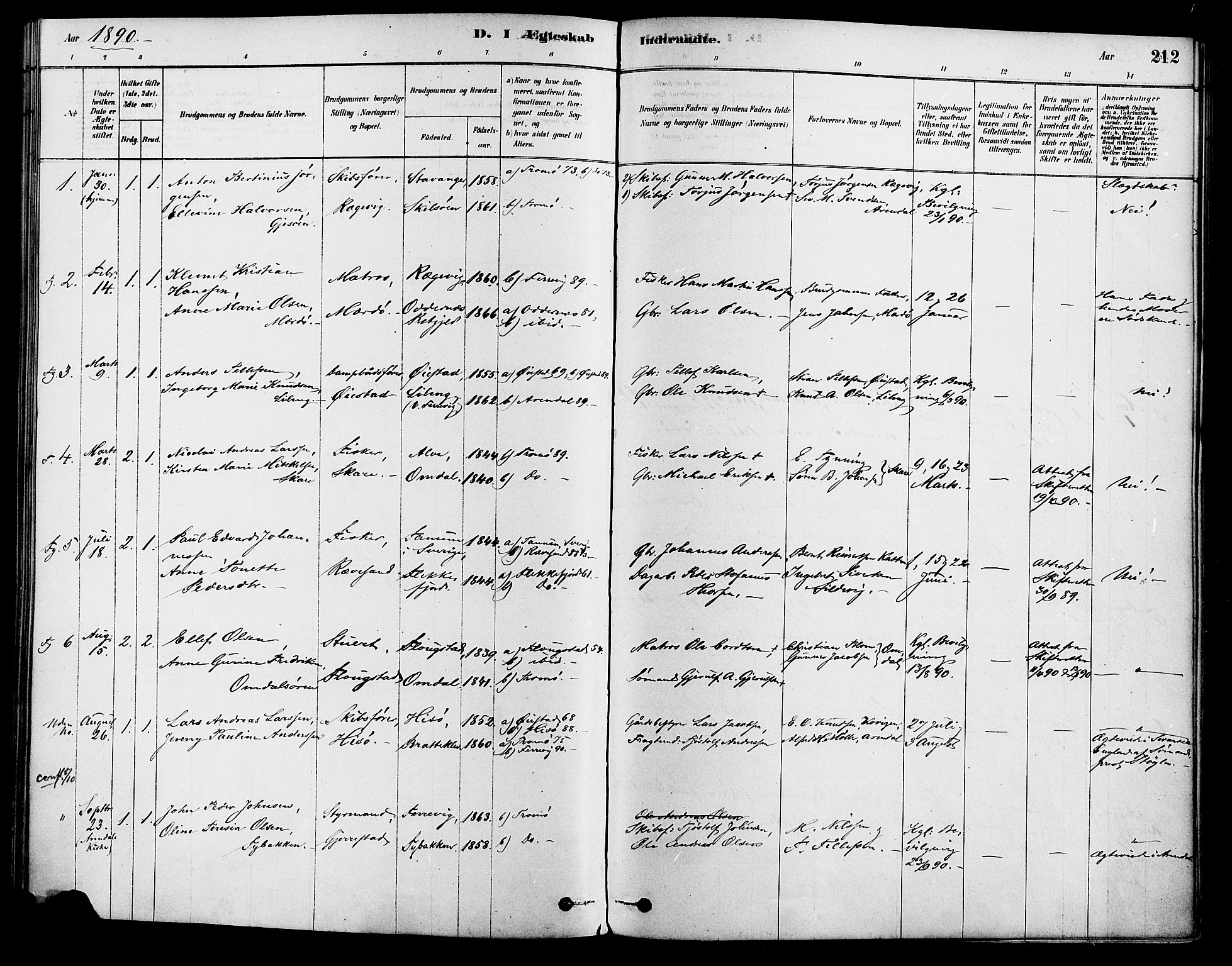 Tromøy sokneprestkontor, AV/SAK-1111-0041/F/Fa/L0009: Parish register (official) no. A 9, 1878-1896, p. 212