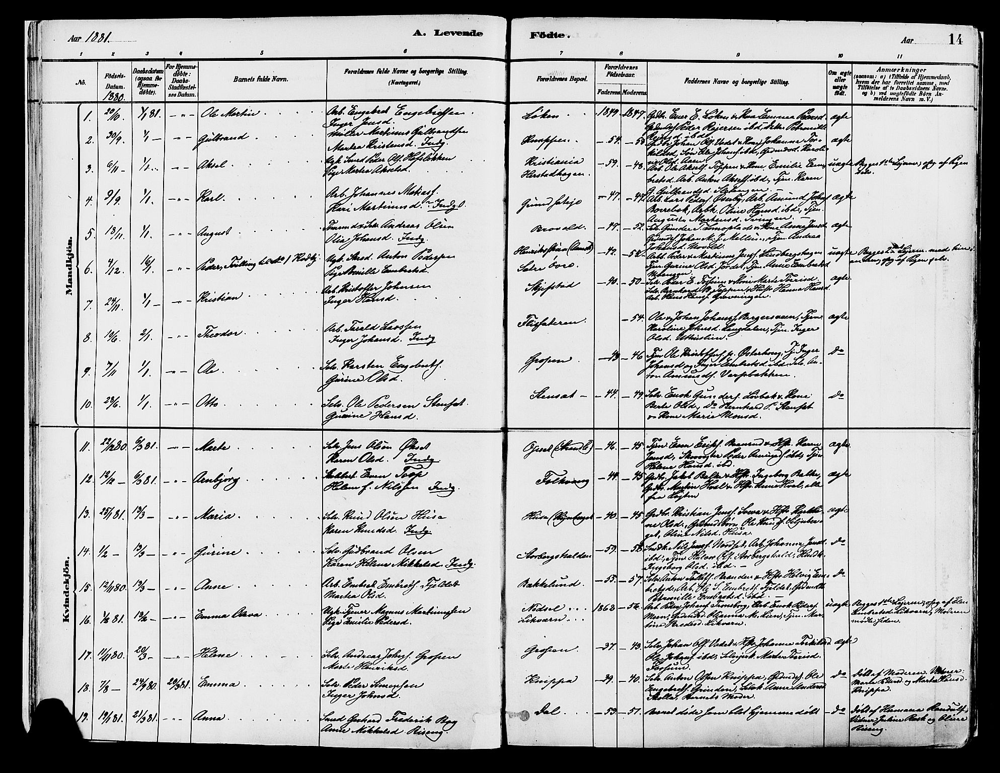 Elverum prestekontor, AV/SAH-PREST-044/H/Ha/Haa/L0013: Parish register (official) no. 13, 1880-1890, p. 14