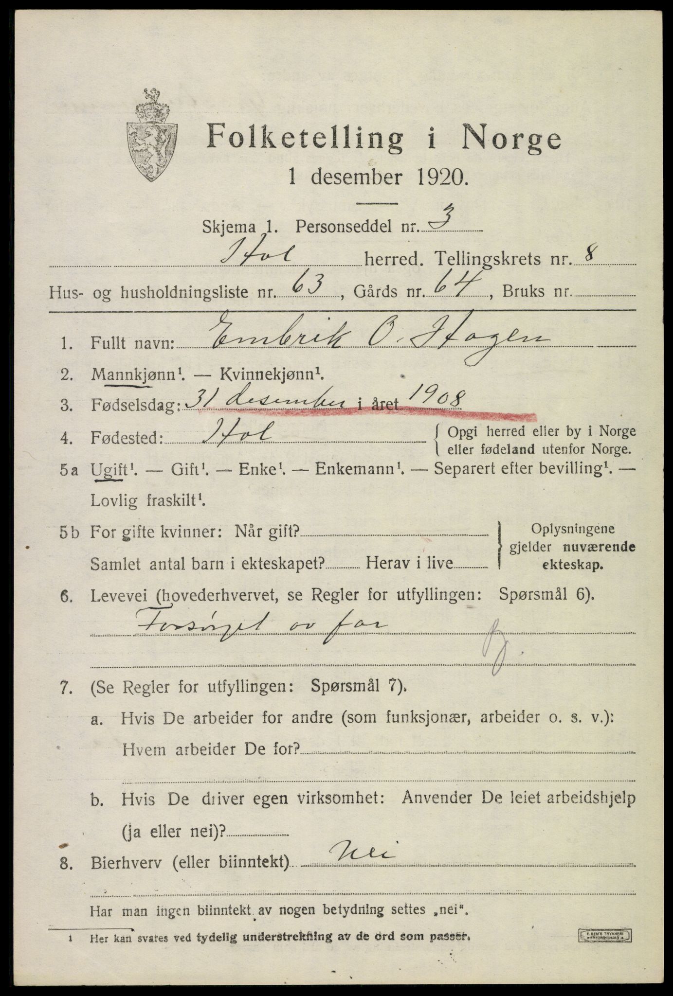 SAKO, 1920 census for Hol (Buskerud), 1920, p. 4923