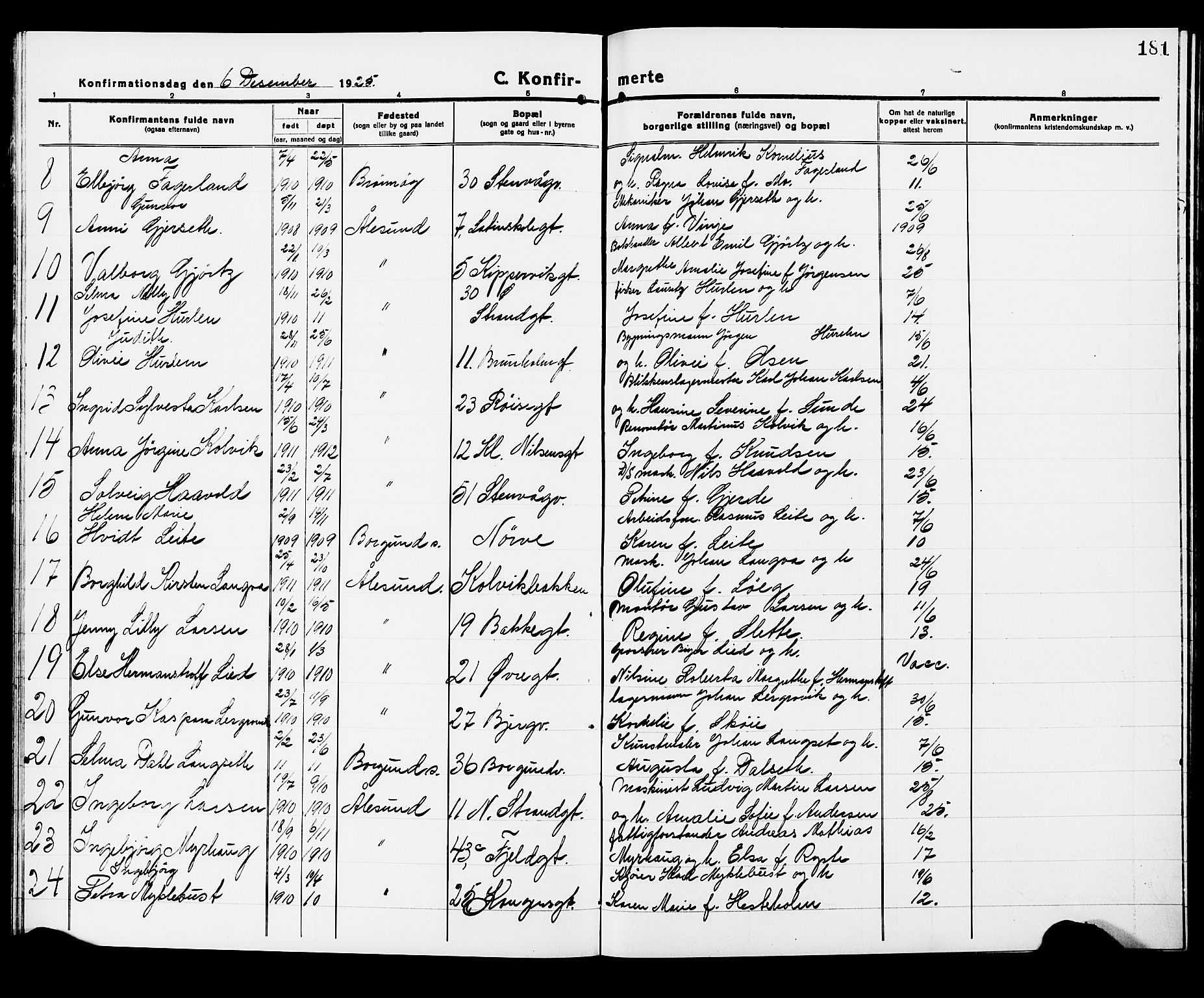 Ministerialprotokoller, klokkerbøker og fødselsregistre - Møre og Romsdal, AV/SAT-A-1454/529/L0472: Parish register (copy) no. 529C09, 1917-1929, p. 181