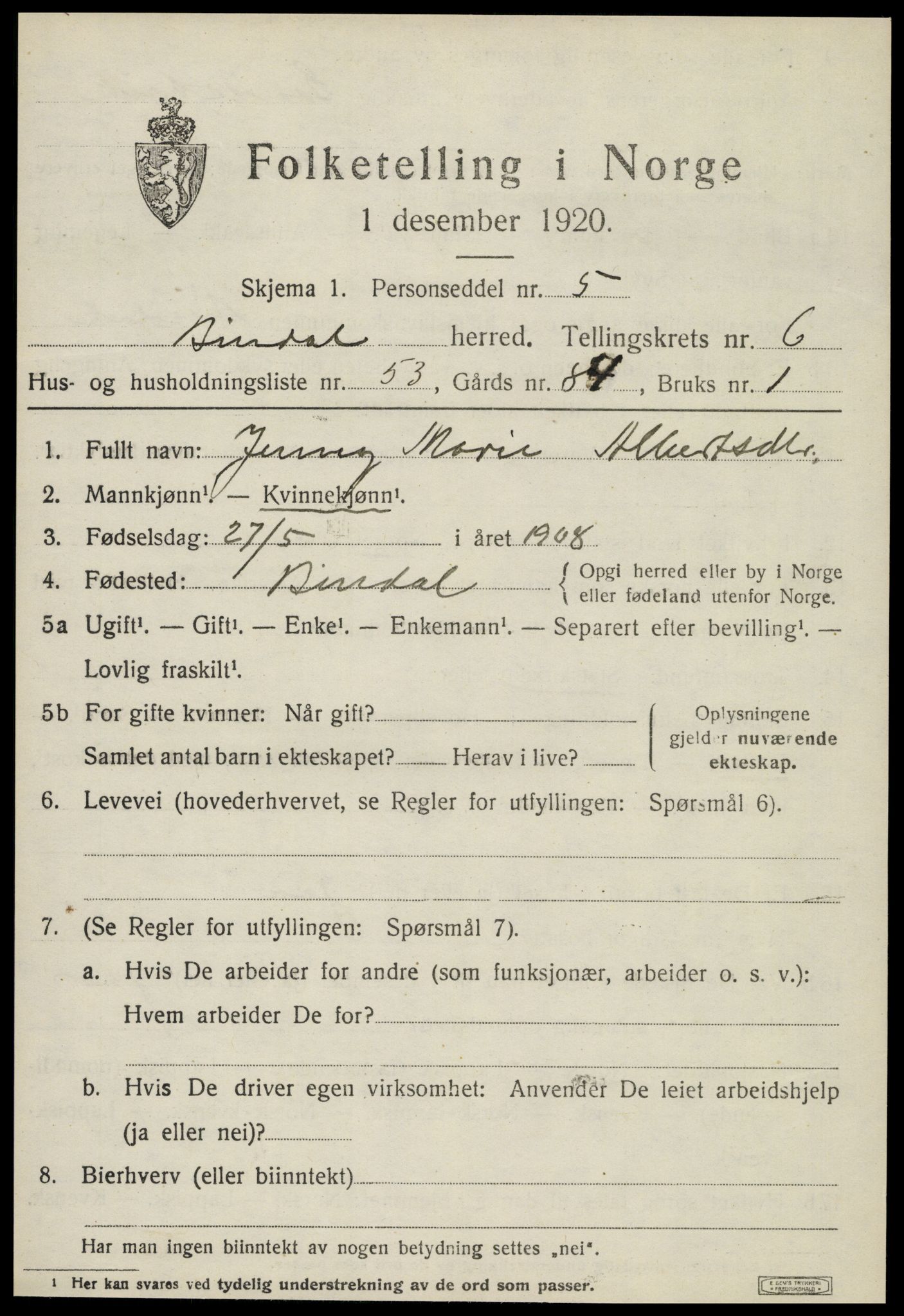 SAT, 1920 census for Bindal, 1920, p. 5555