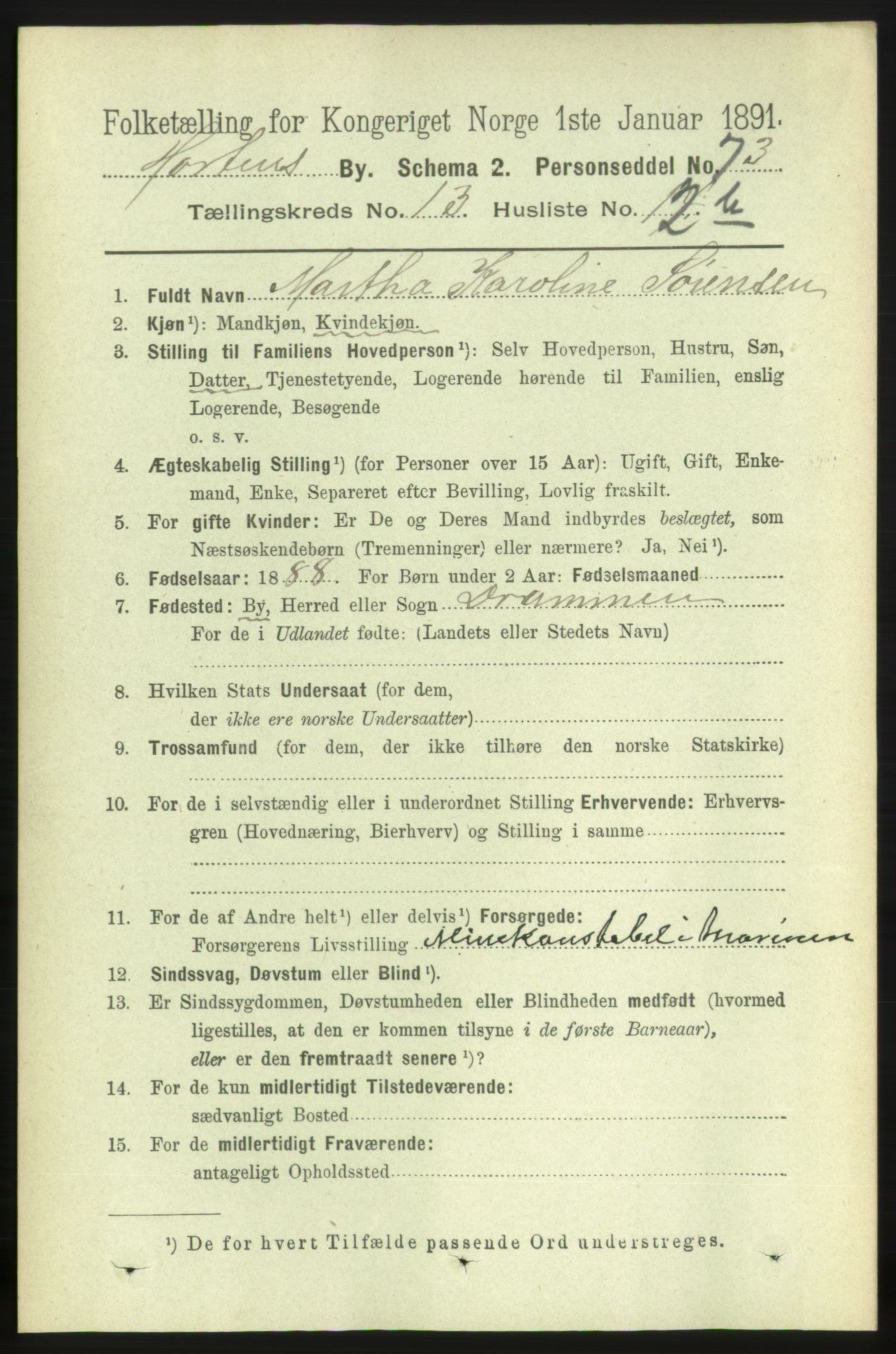 RA, 1891 census for 0703 Horten, 1891, p. 7968