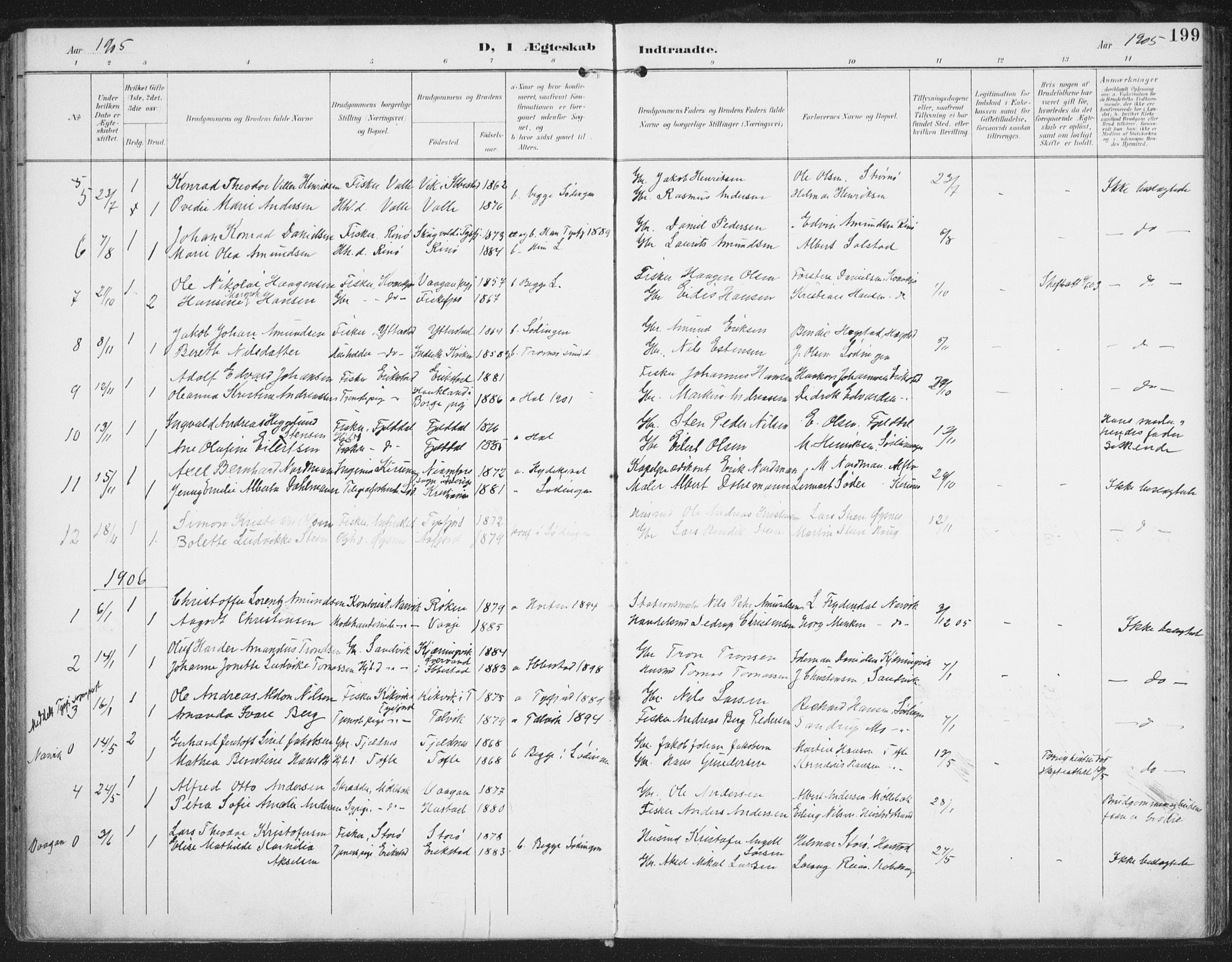 Ministerialprotokoller, klokkerbøker og fødselsregistre - Nordland, AV/SAT-A-1459/872/L1036: Parish register (official) no. 872A11, 1897-1913, p. 199