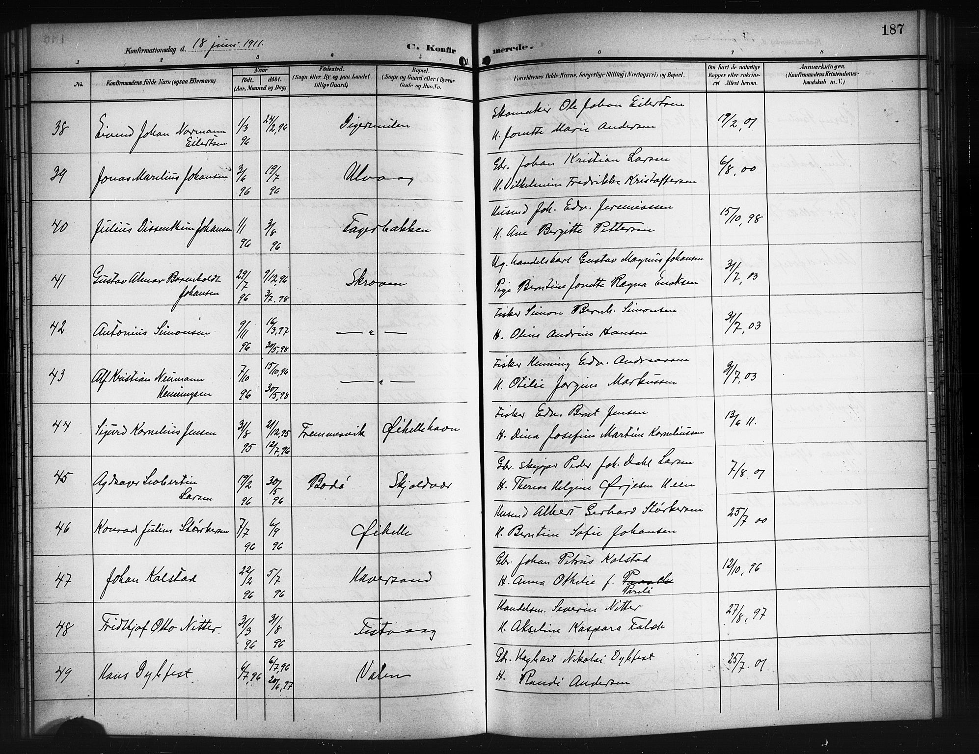 Ministerialprotokoller, klokkerbøker og fødselsregistre - Nordland, SAT/A-1459/874/L1079: Parish register (copy) no. 874C08, 1907-1915, p. 187