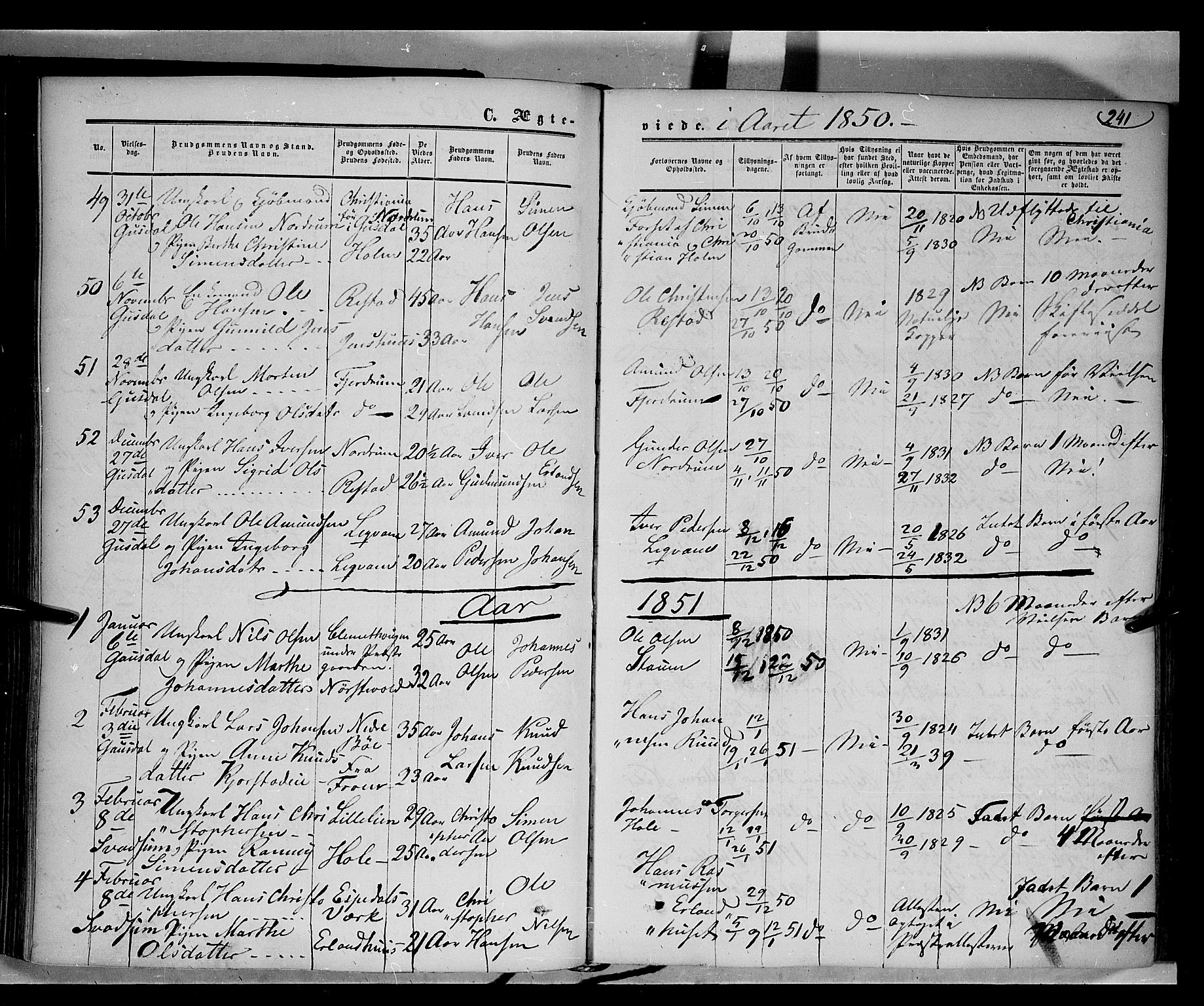 Gausdal prestekontor, SAH/PREST-090/H/Ha/Haa/L0008: Parish register (official) no. 8, 1850-1861, p. 241