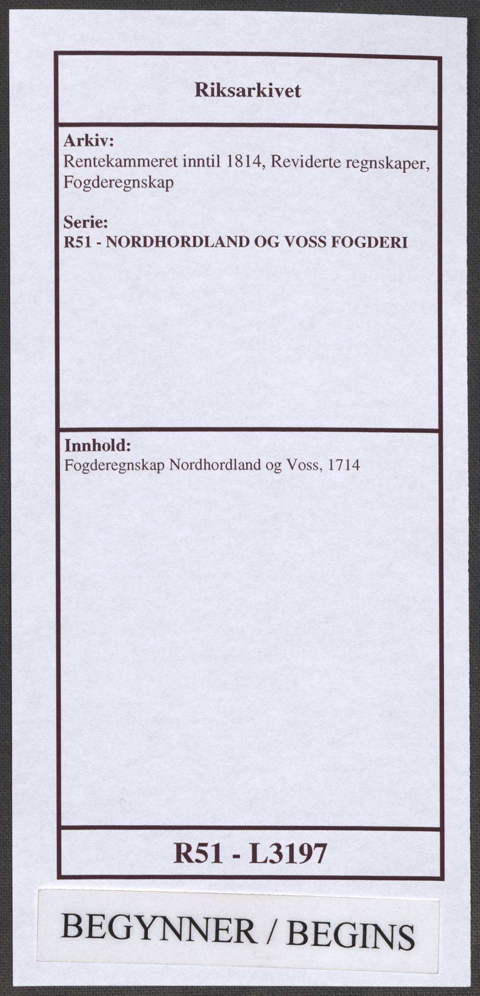Rentekammeret inntil 1814, Reviderte regnskaper, Fogderegnskap, RA/EA-4092/R51/L3197: Fogderegnskap Nordhordland og Voss, 1714, p. 1