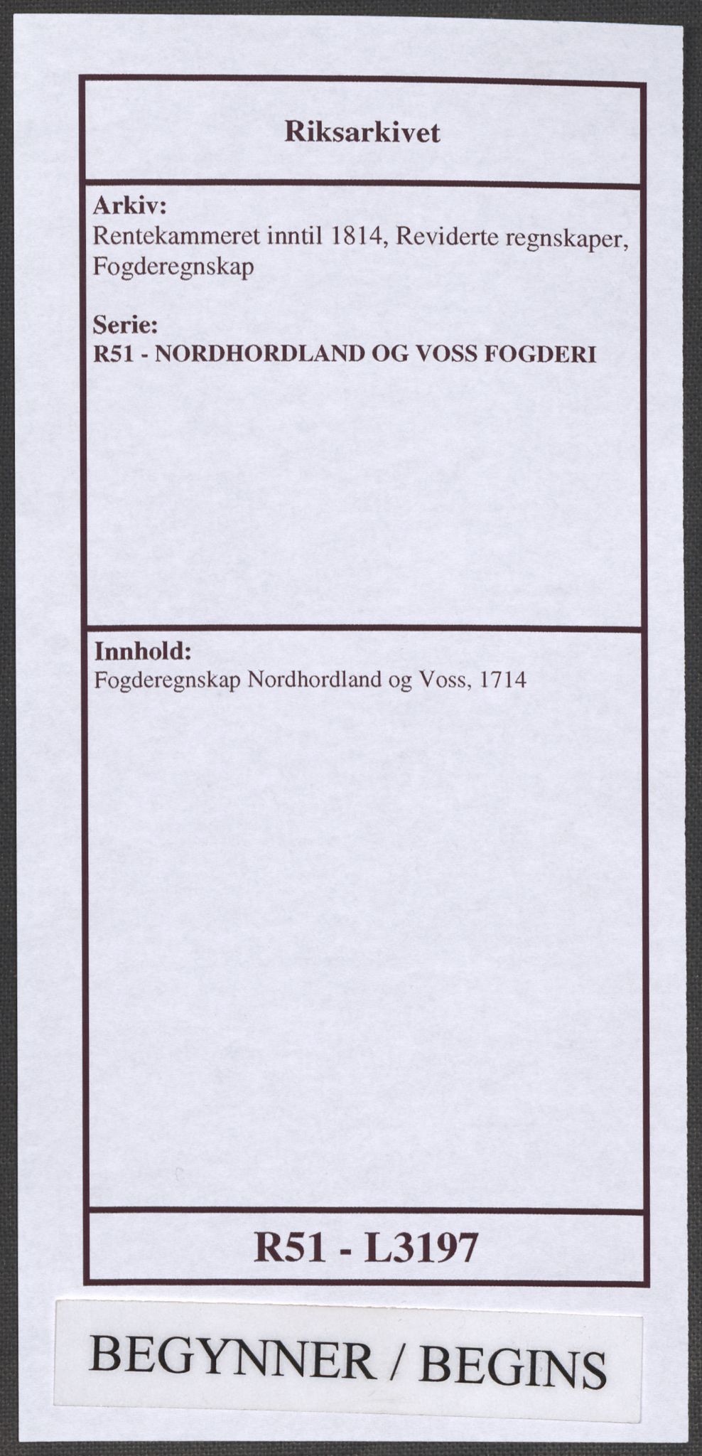 Rentekammeret inntil 1814, Reviderte regnskaper, Fogderegnskap, AV/RA-EA-4092/R51/L3197: Fogderegnskap Nordhordland og Voss, 1714, p. 1