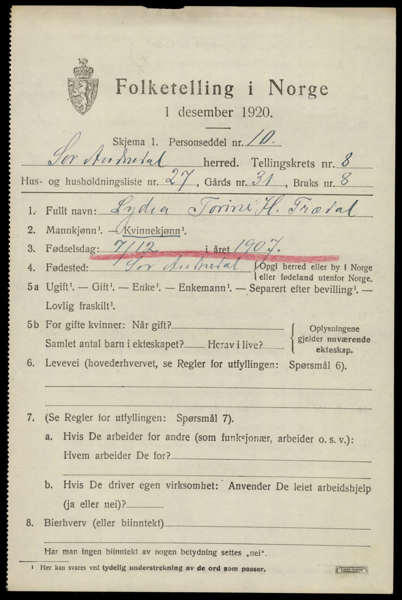 SAK, 1920 census for Sør-Audnedal, 1920, p. 3453