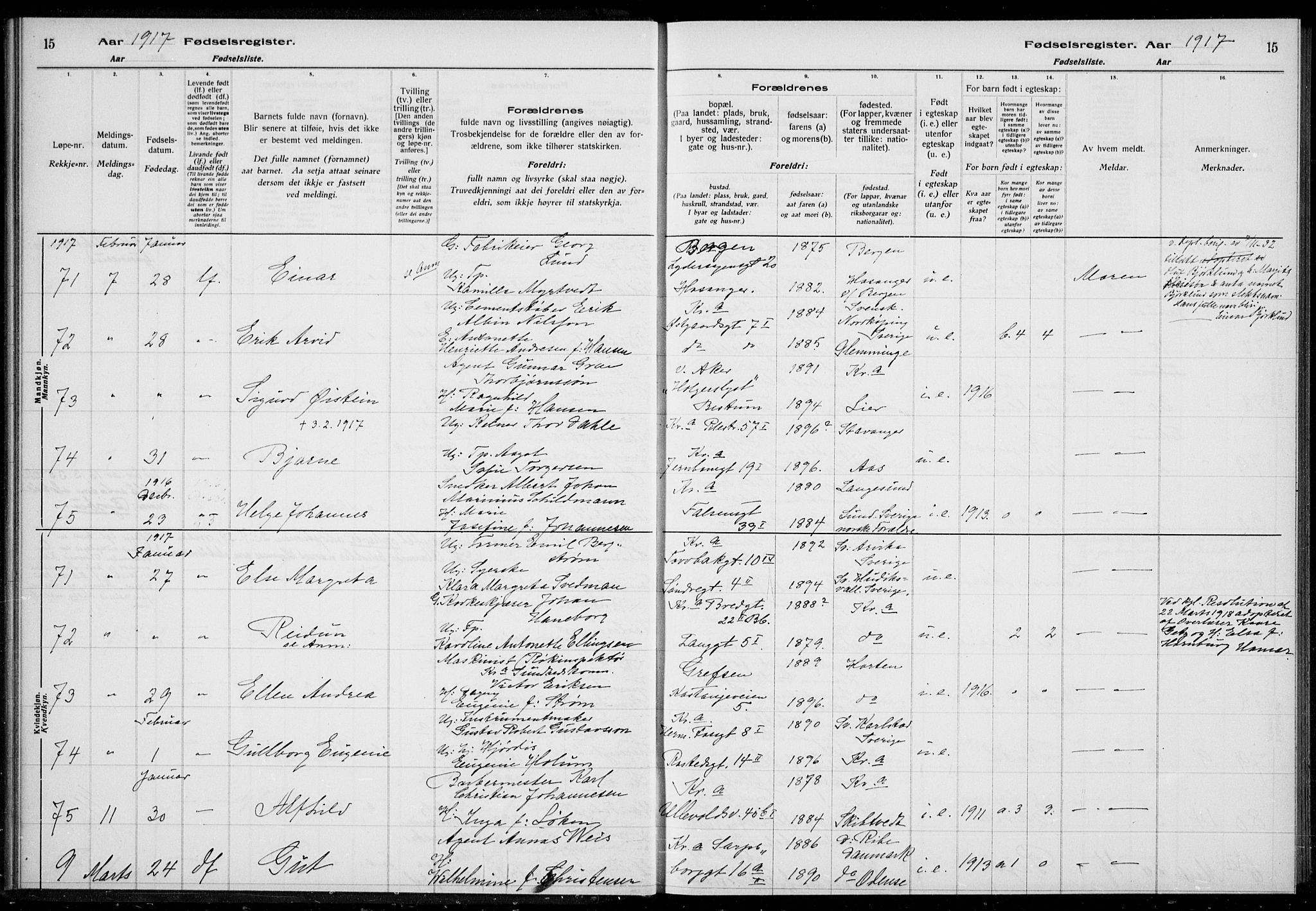 Rikshospitalet prestekontor Kirkebøker, AV/SAO-A-10309b/J/L0002: Birth register no. 2, 1917-1917, p. 15