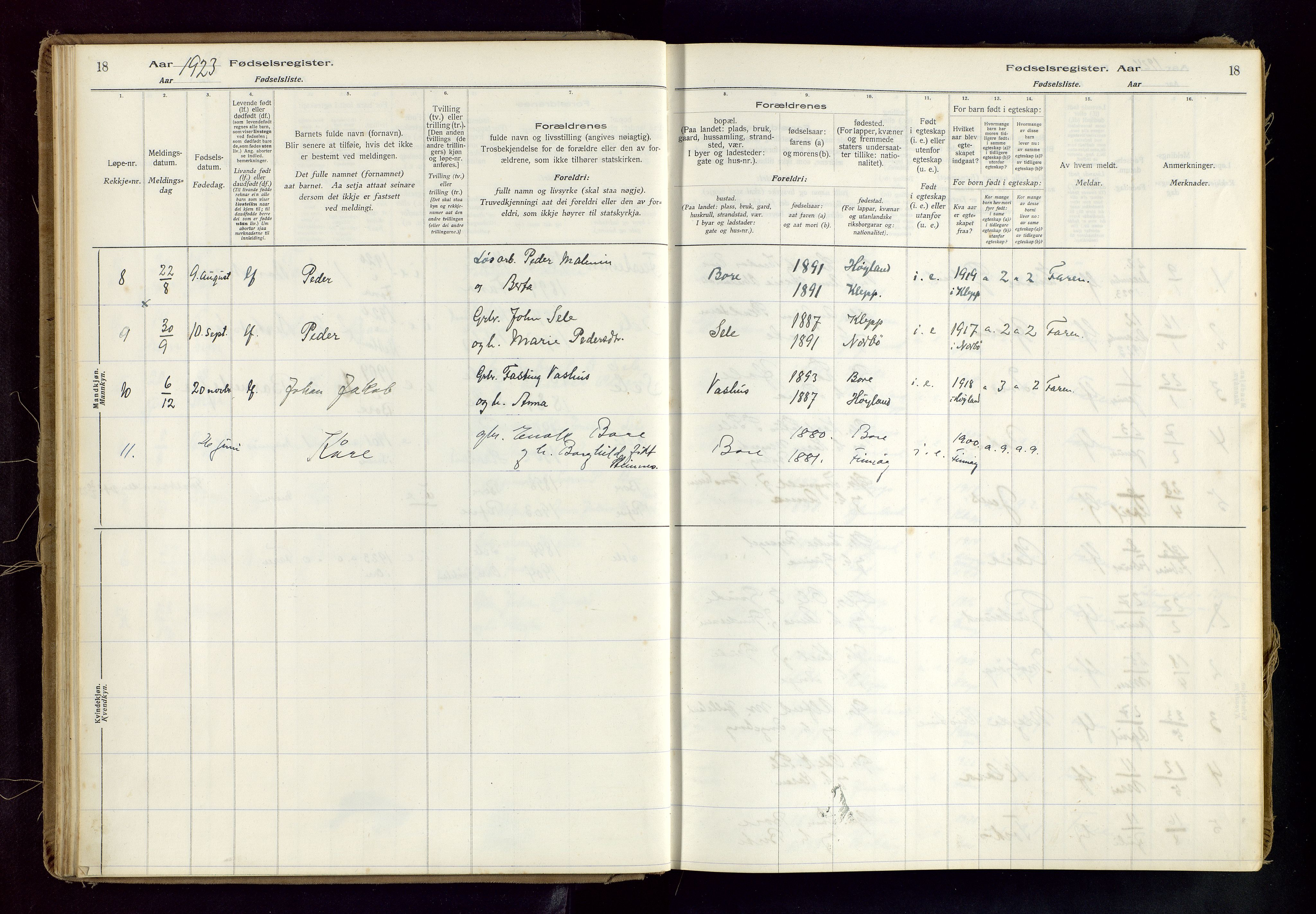 Klepp sokneprestkontor, SAST/A-101803/001/704BAB/L0001: Birth register no. 1, 1916-1976, p. 18