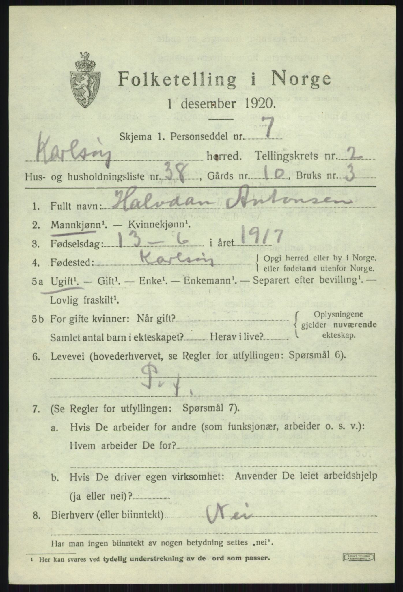 SATØ, 1920 census for Karlsøy, 1920, p. 1703
