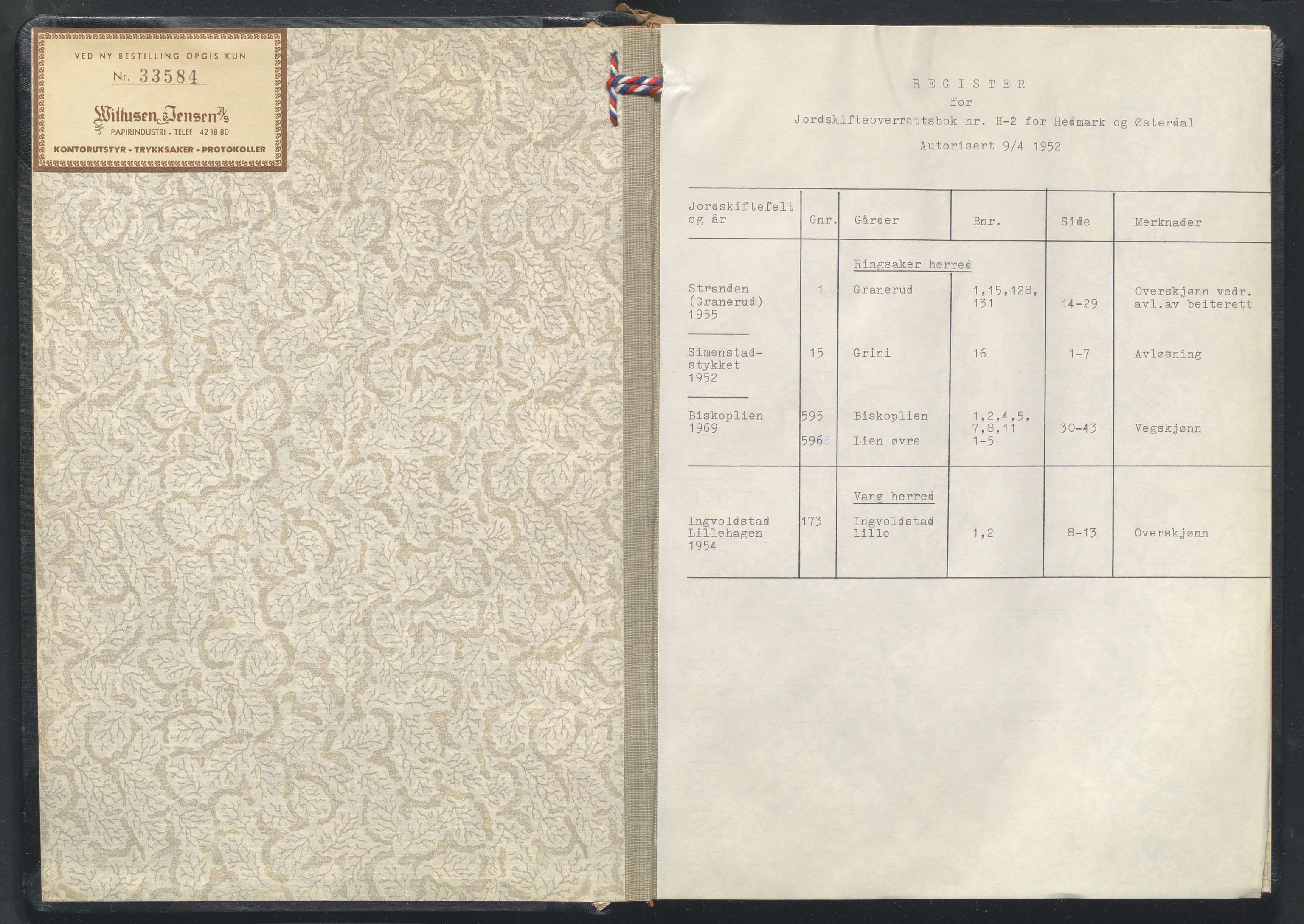 Hedmark og Østerdal jordskifterett, AV/SAH-JORDSKIFTEH-002/G/Gb/L0001/0002: Rettsbøker - overutskiftninger / Rettsbok - overutskiftninger - H2, 1952-1969